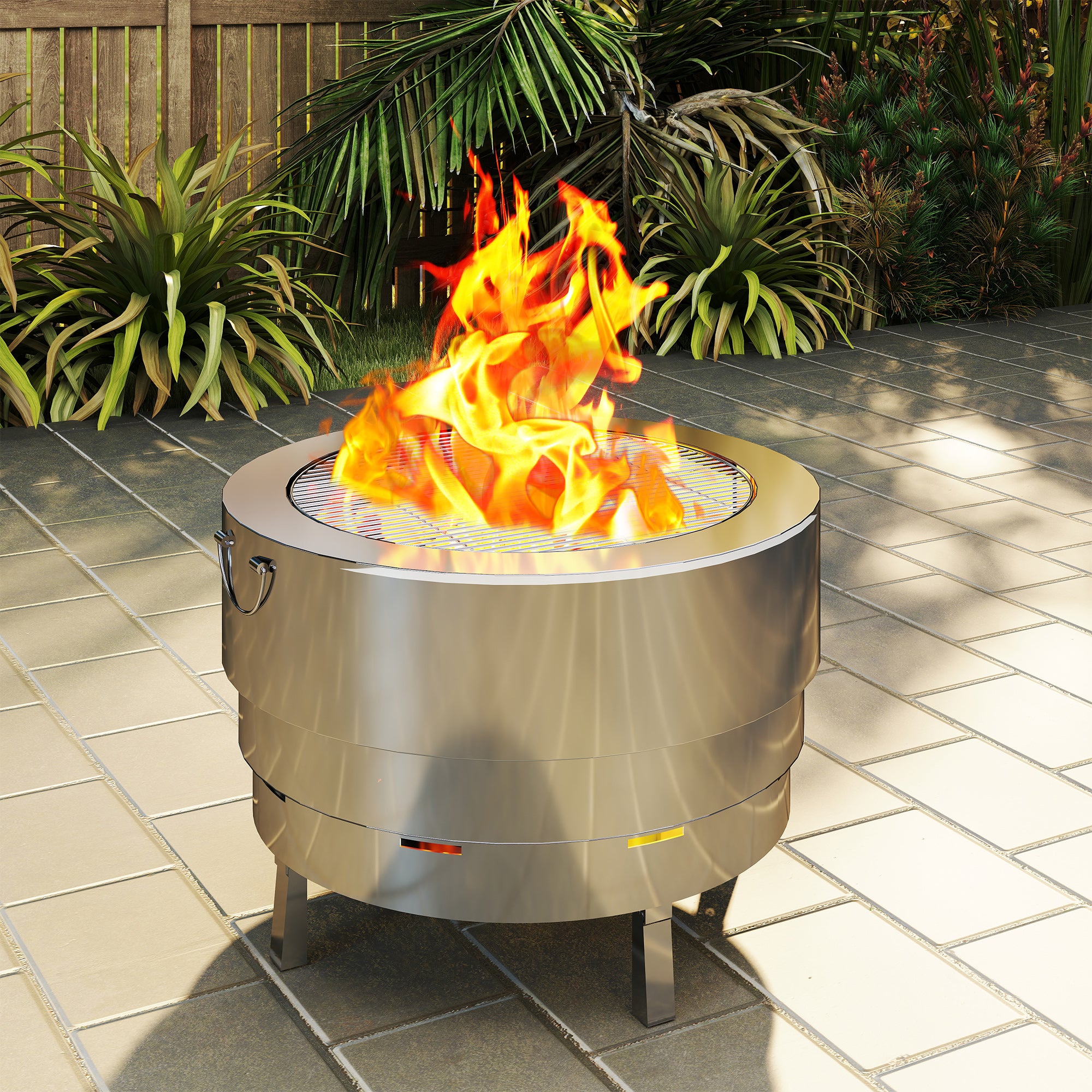 Outsunny Stainless Steel Wood-burning Fire Pit with Fire Poker - Silver - North Peak Garden Furniture