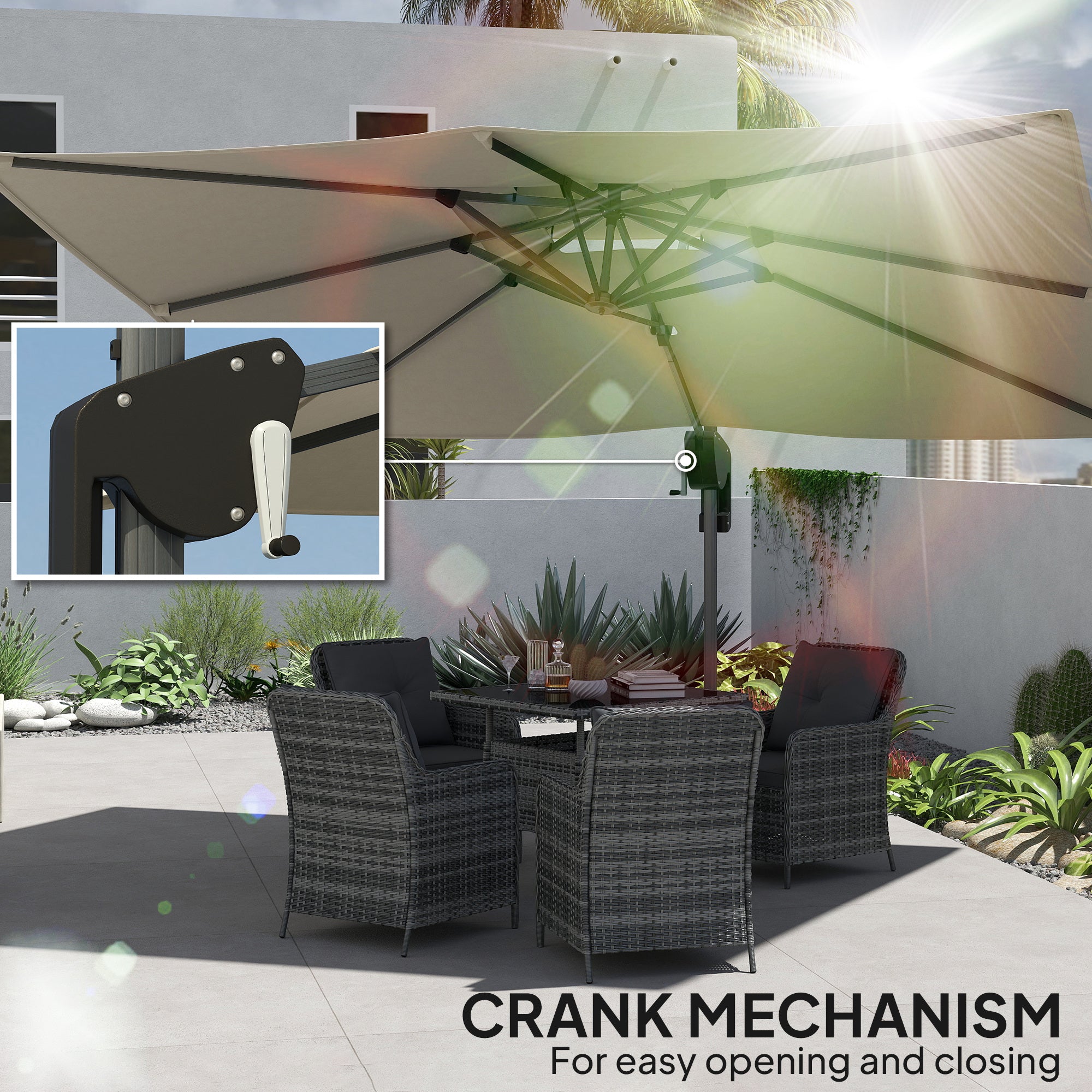 Outsunny 3.7 x 2.7 m Cantilever Parasol w/ 360° Rotation and Easy Tilt Adjustment, Aluminium Hanging Offset Outdoor Umbrella w/ Double Top and Cross Base, UPF50+ Hanging Sun Shade, Grey Wood Effect - North Peak Garden Furniture