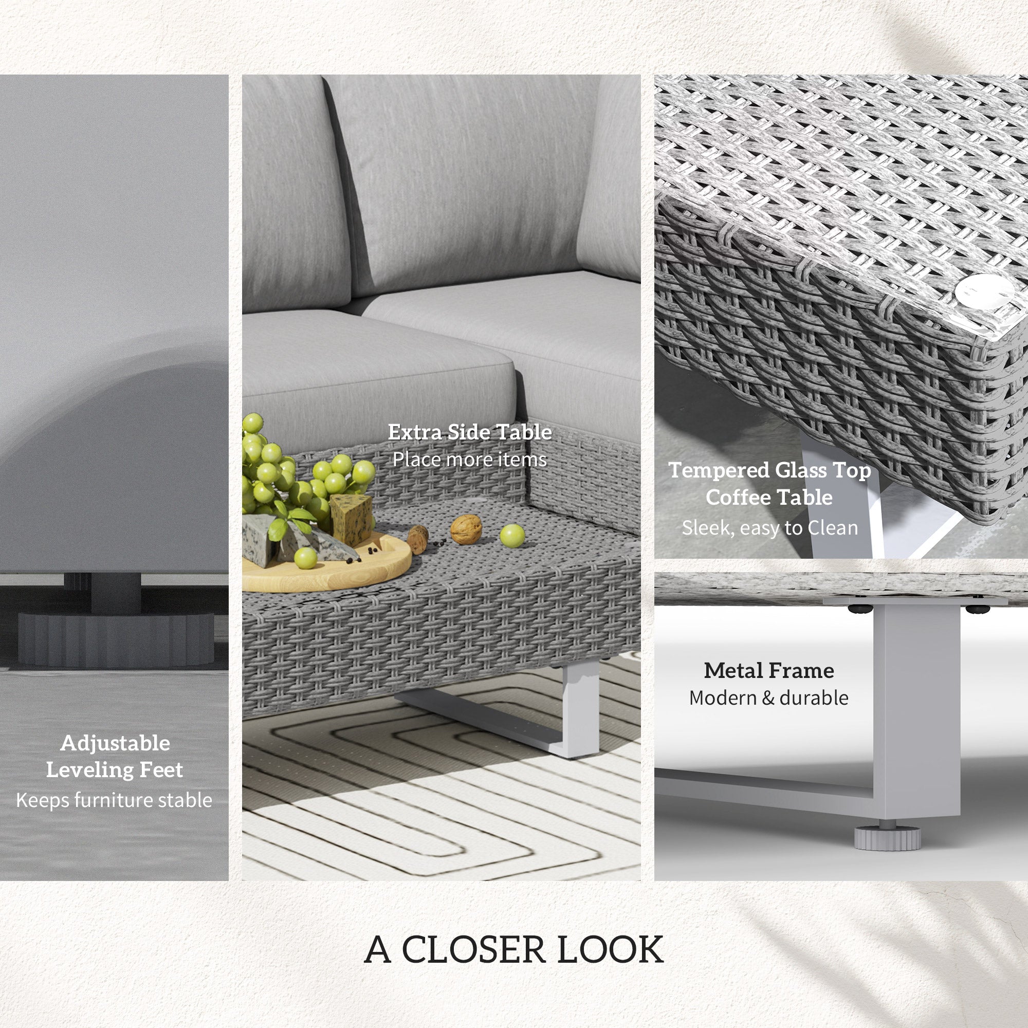 Outsunny Three-Piece Rattan Sofa Set, with Cushions - Light Grey