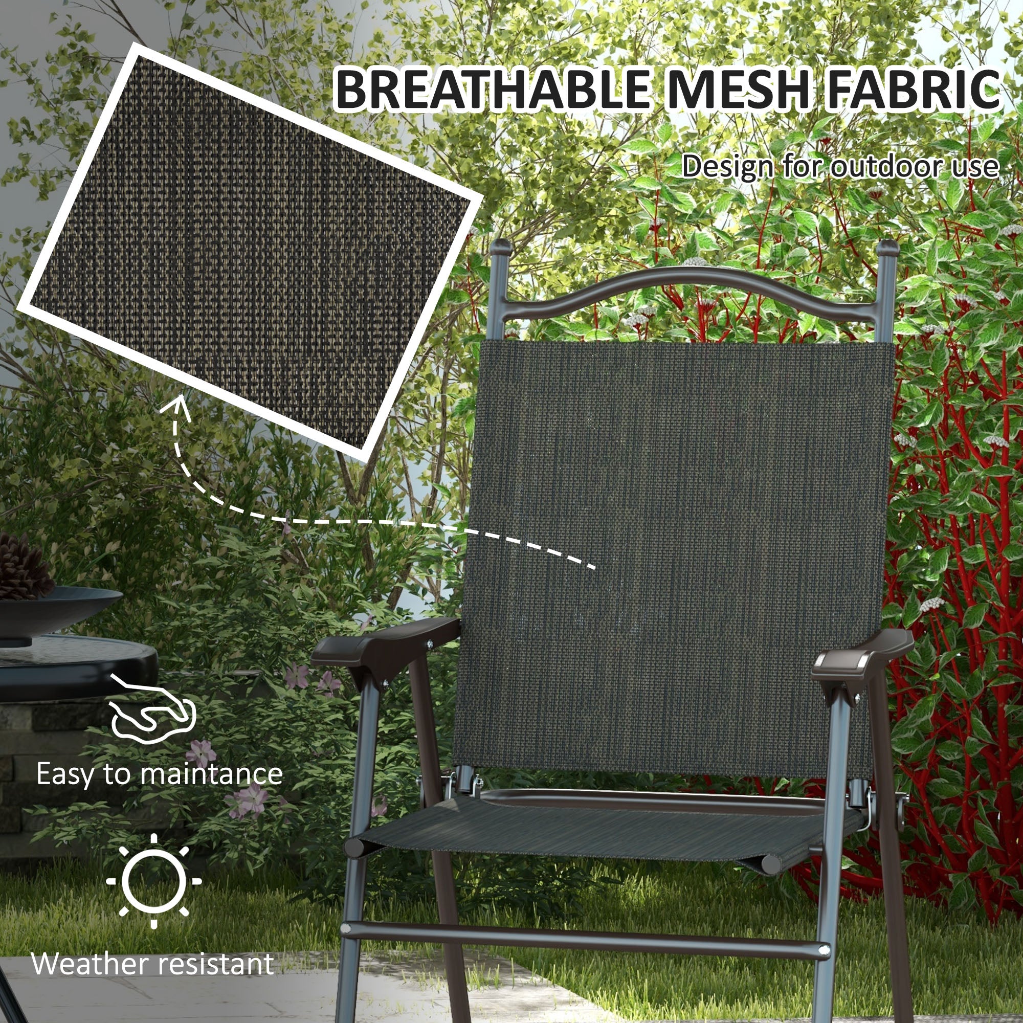Outsunny Set of Two Folding Garden Chairs, with Fabric Mesh Seats - Dark Brown - North Peak Garden Furniture