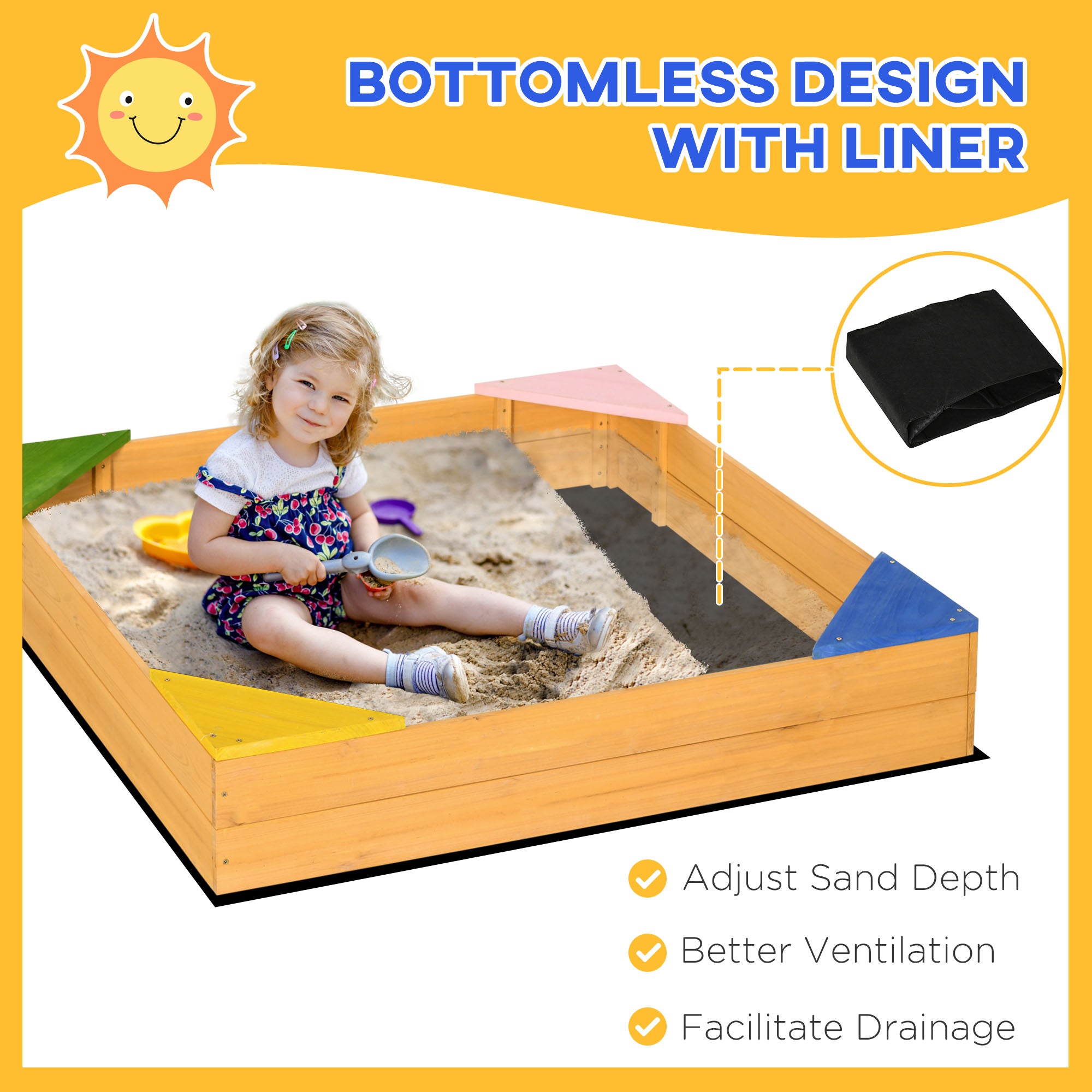 Outsunny Kids Wooden Sand Pit, Children Sandbox, with Four Seats, Non-Woven Fabric, for Gardens, Playgrounds - North Peak Garden Furniture
