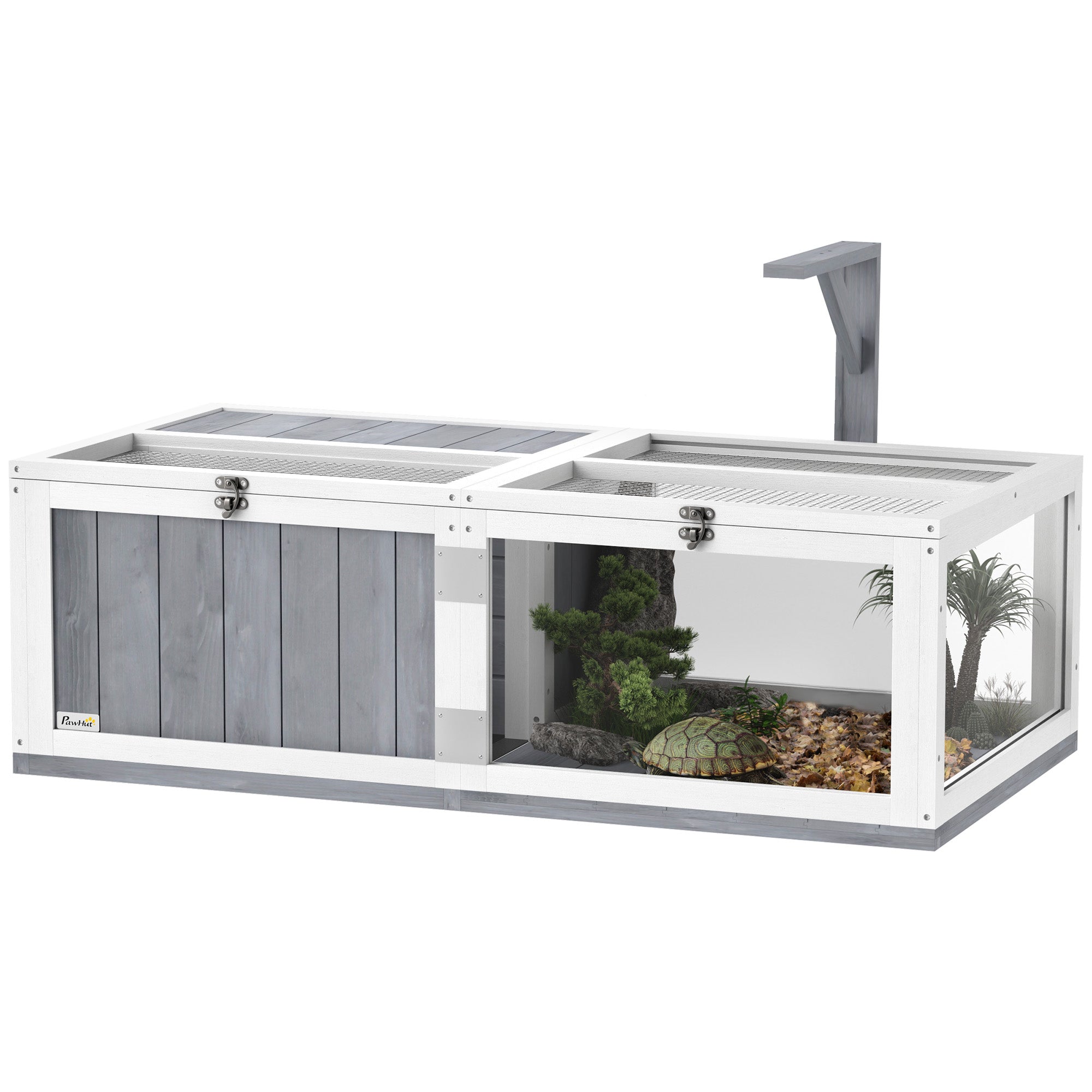 PawHut Wooden Tortoise House with Lamp Holder, Clear Observation Window, Openable Tops, Built-in Tray, Light Grey - North Peak Garden Furniture