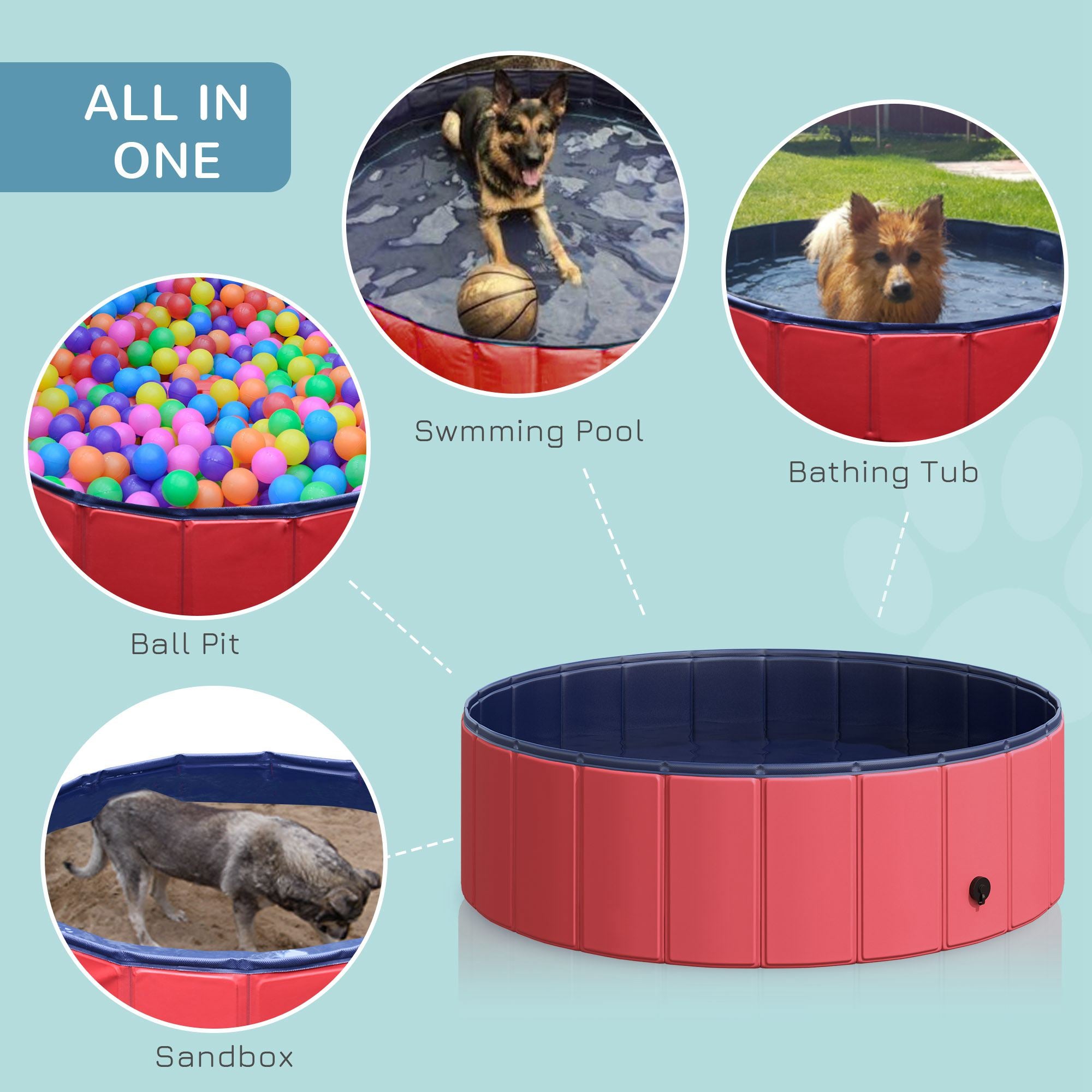 Pawhut Portable Pet Swimming Pool, Foldable Bathing Tub for Dogs and Cats, Non-Slip, Durable PVC, 妗?00x30H cm, Red