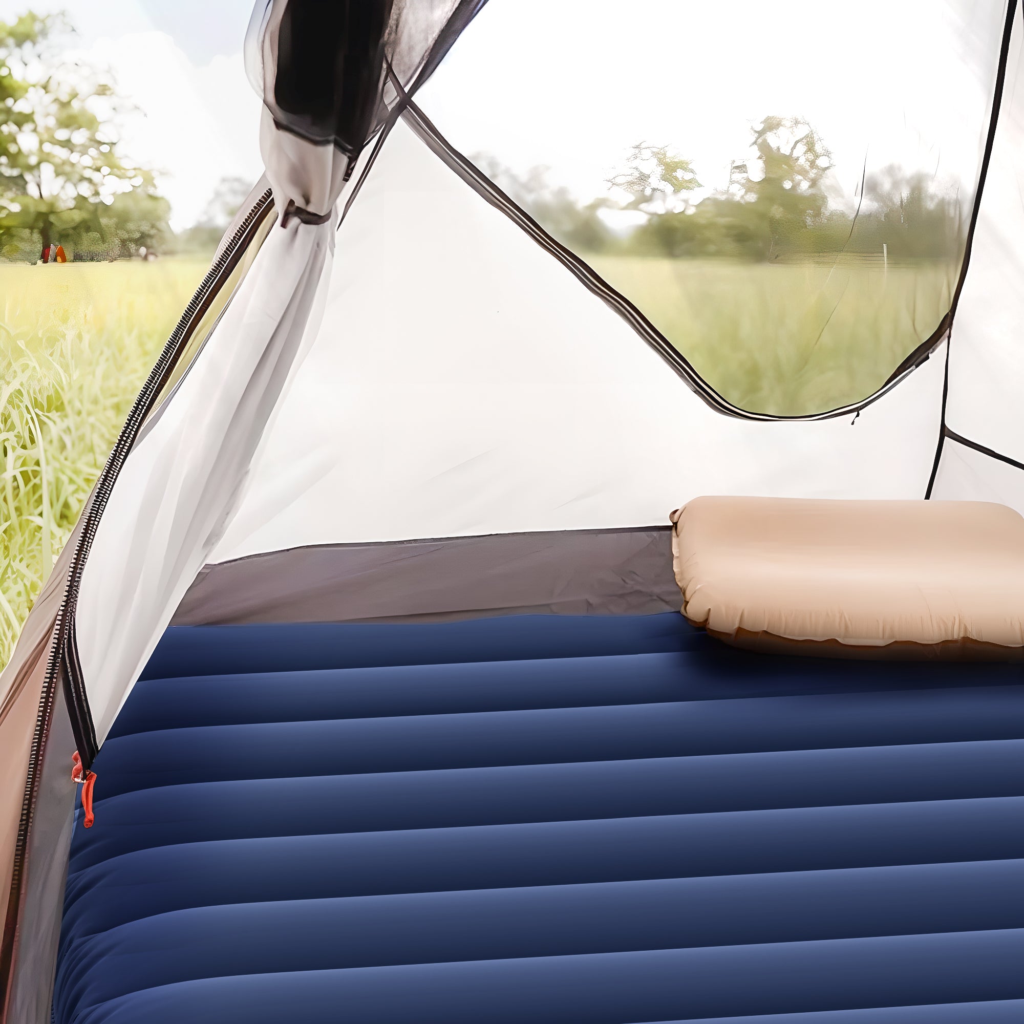 Outsunny 2 Person Camping Inflating Sleeping Mat Inflatable Mattress Ultralight Folding Bed Portable Air Bed for Outdoor Backpacking Hiking Travel - Blue - North Peak Garden Furniture