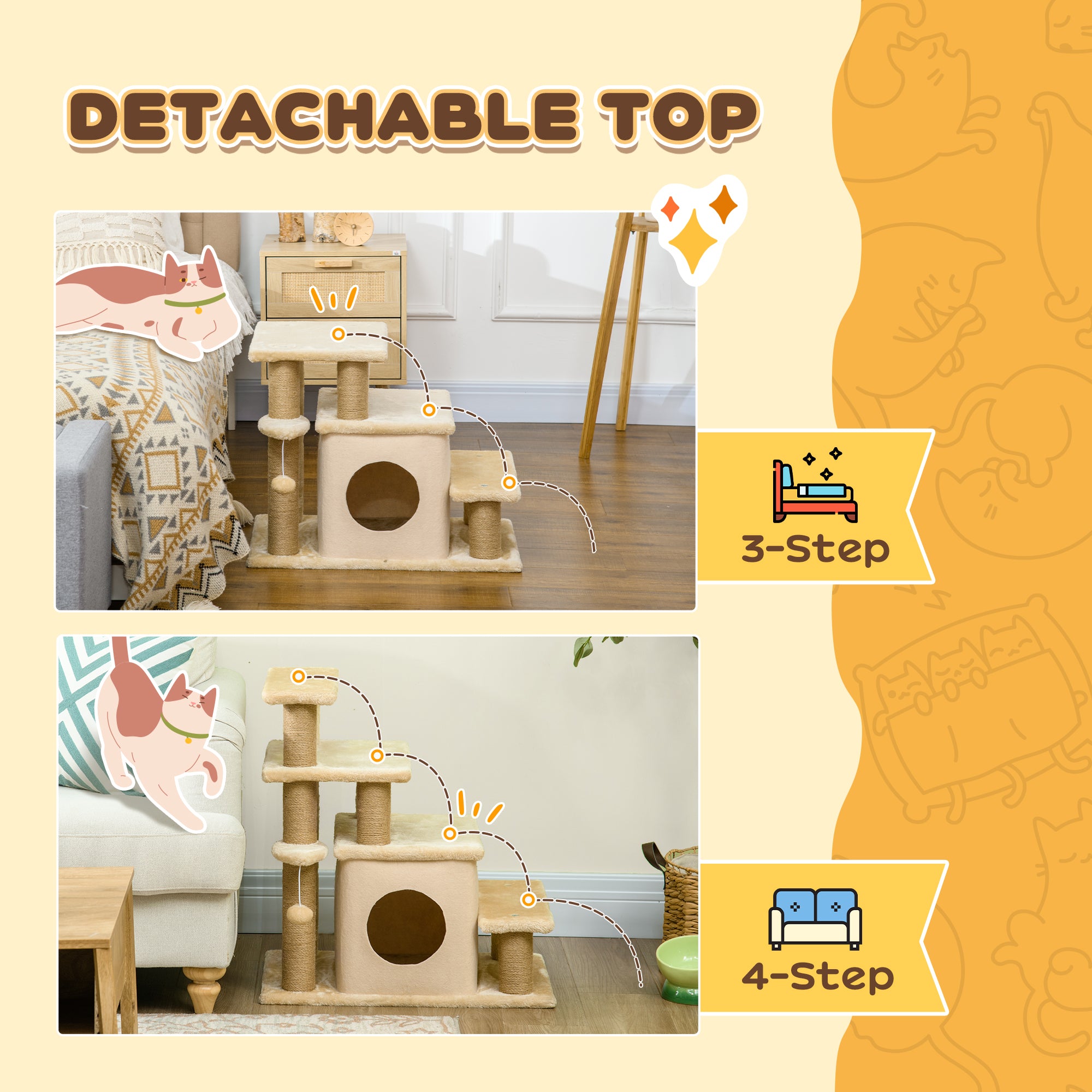 PawHut Adjustable Cat Steps, with House & Hanging Toy Ball - Beige - North Peak Garden Furniture