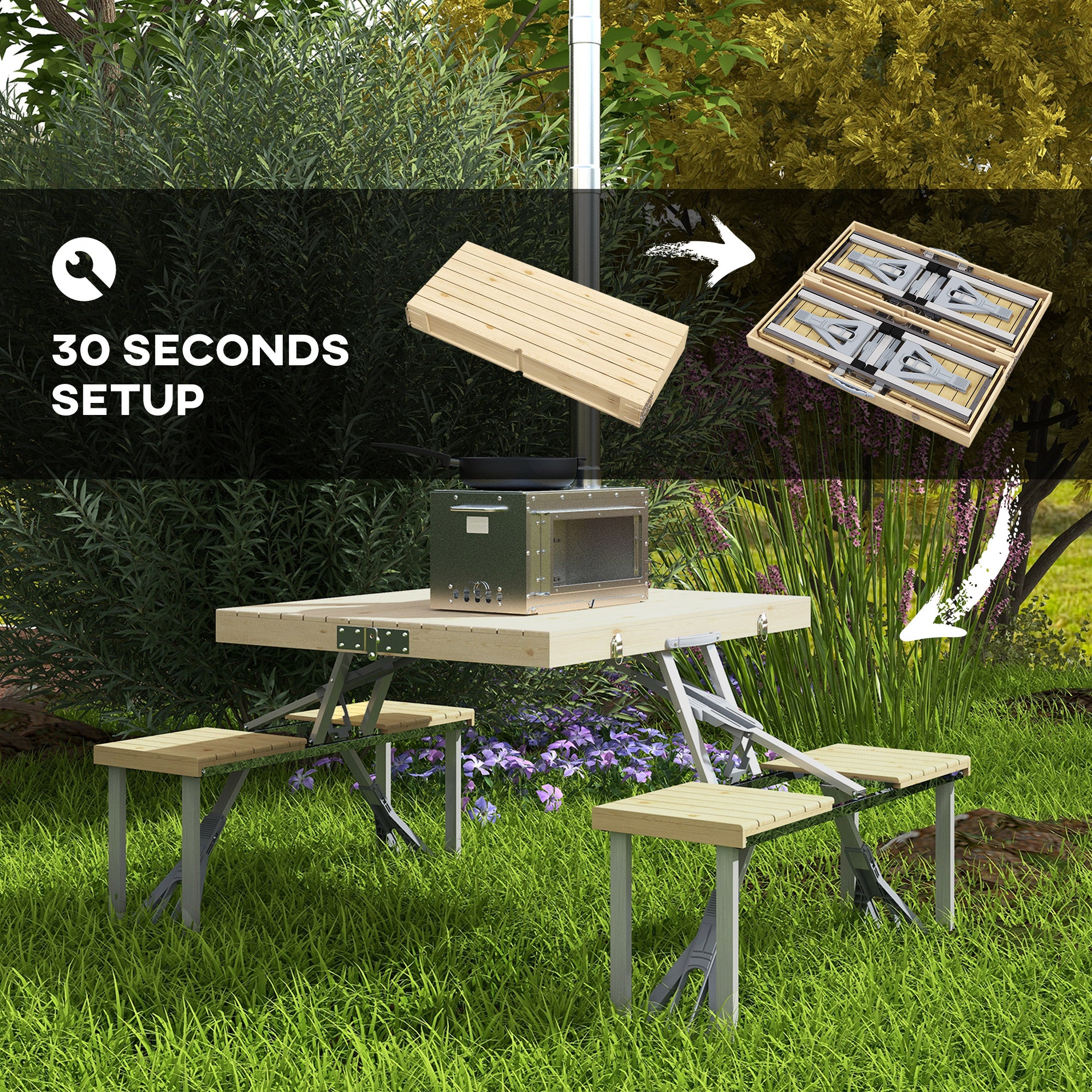 Outsunny Aluminium Frame Folding Picnic Table, Portable Camping Table and Chairs Set with Umbrella Hole - North Peak Garden Furniture