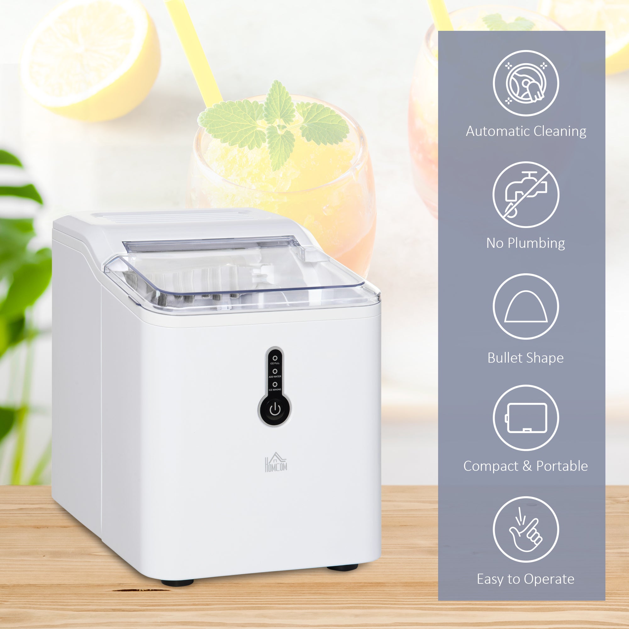 HOMCOM Ice Maker Machine, 1.5L Countertop Ice Cube Maker with Self-Cleaning, 9 Cubes Ready in 8 Mins, 12kg in 24 Hrs, No Plumbing with Basket, White - North Peak Garden Furniture