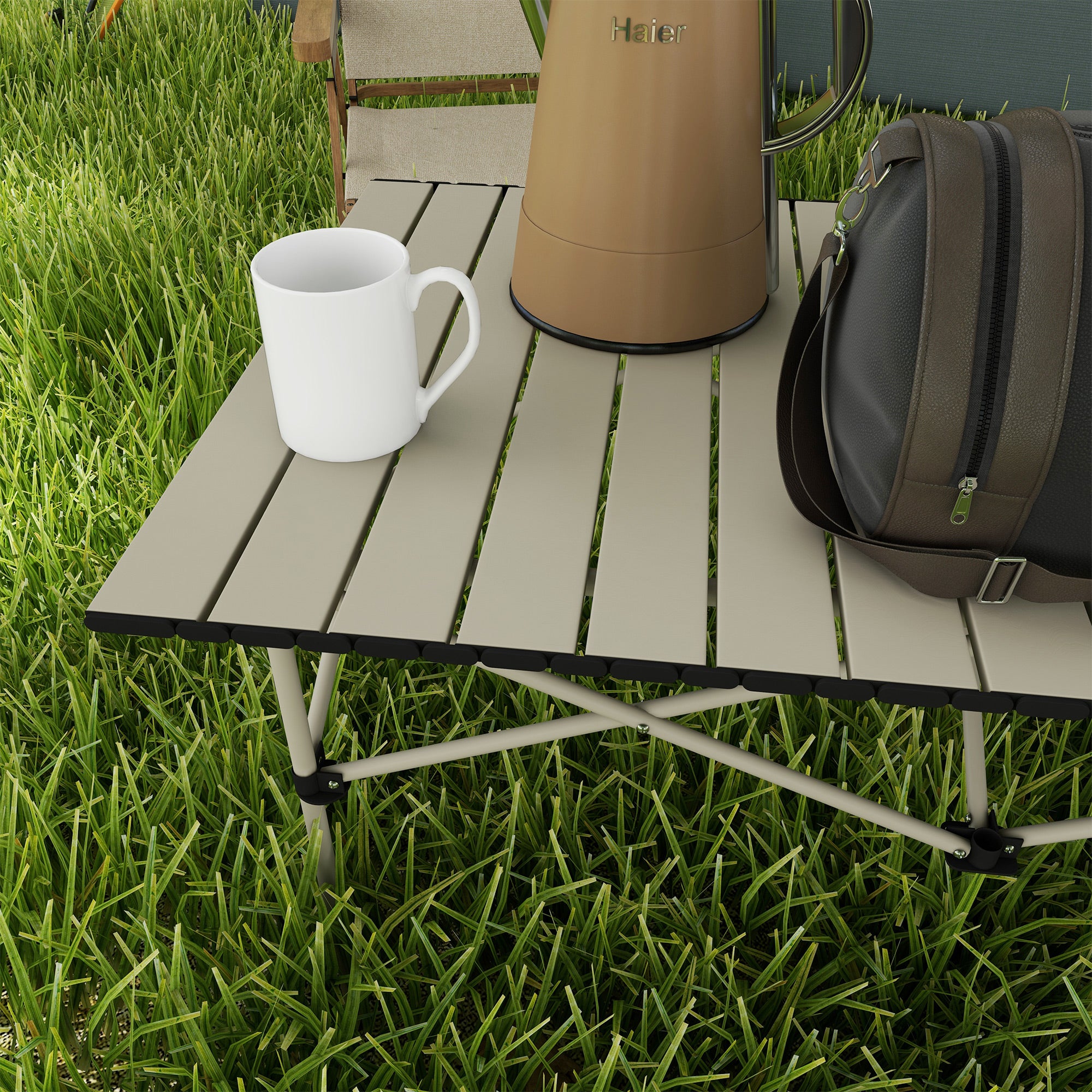 Outsunny Two-Seater Portable Aluminium Table, with Roll-Up Tabletop and Bag - Khaki - North Peak Garden Furniture