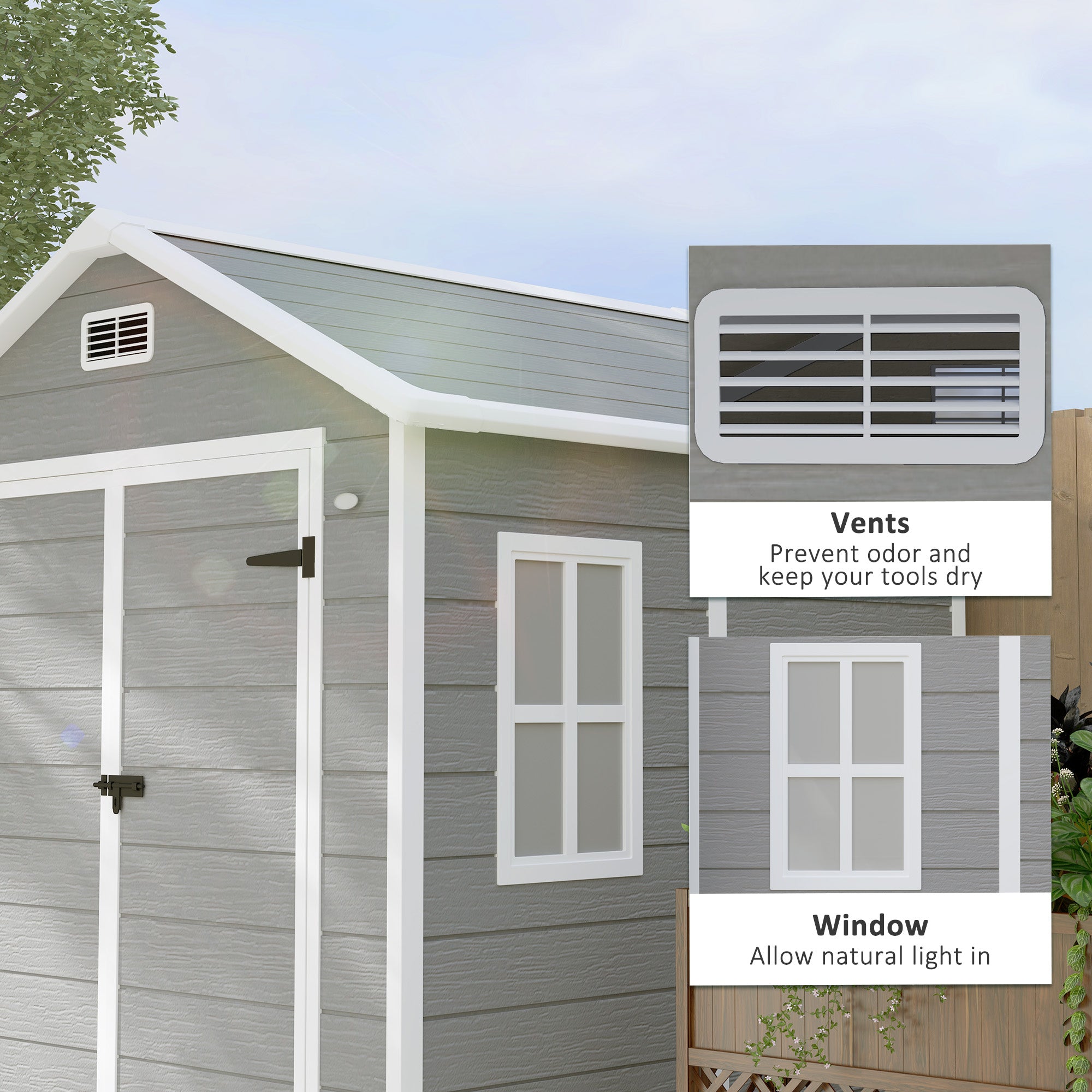 Outsunny 6 x 5ft Garden Shed, Plastic Shed with Floor, Window, Lockable Doors and Vents, Wood Effect Resin Tool Shed for Outdoor Patio, Dark Grey - North Peak Garden Furniture