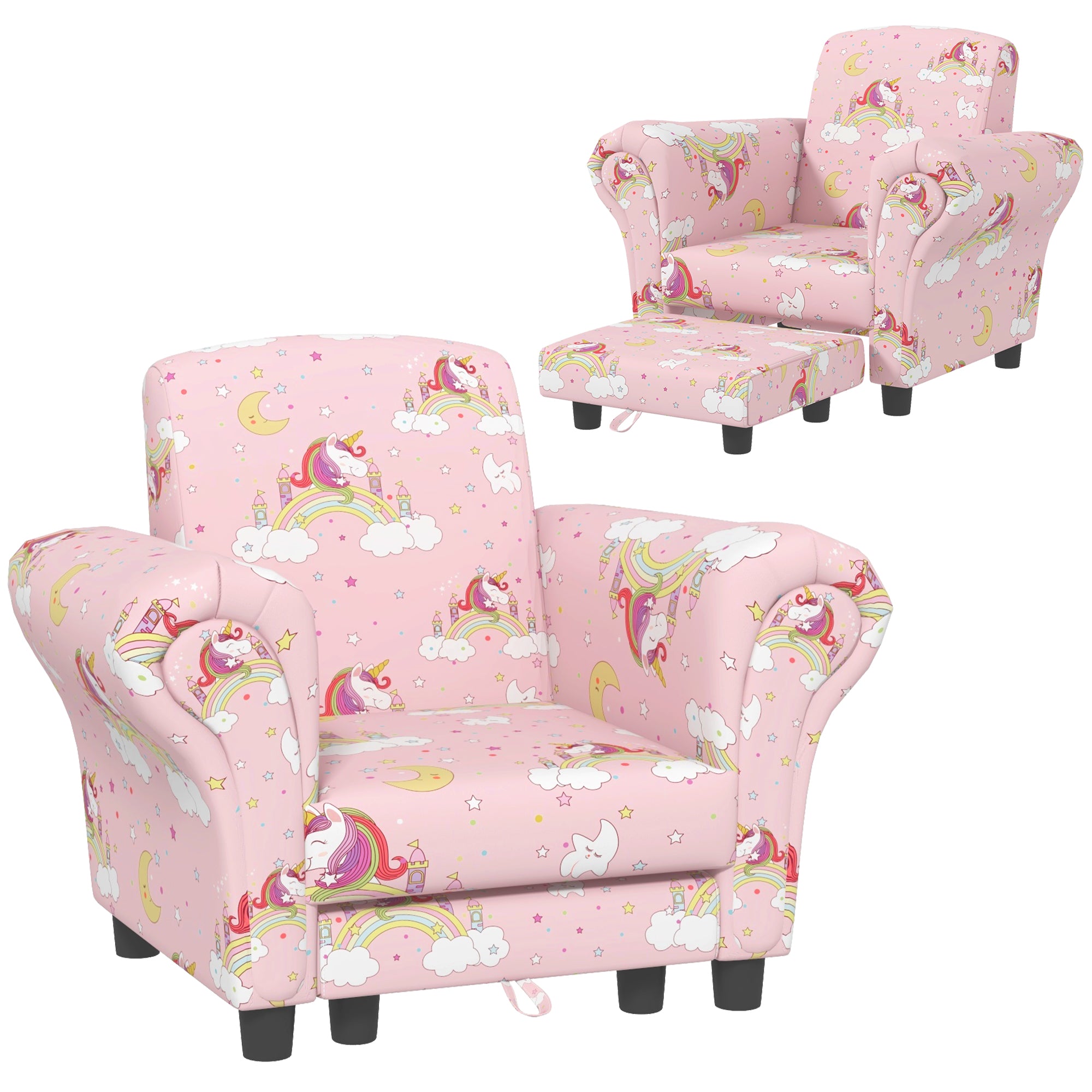 AIYAPLAY 2 Piece Kids Sofa Set with Unicorn Design, Wooden Frame, for 1.5-3 Years Old, Pink - North Peak Garden Furniture