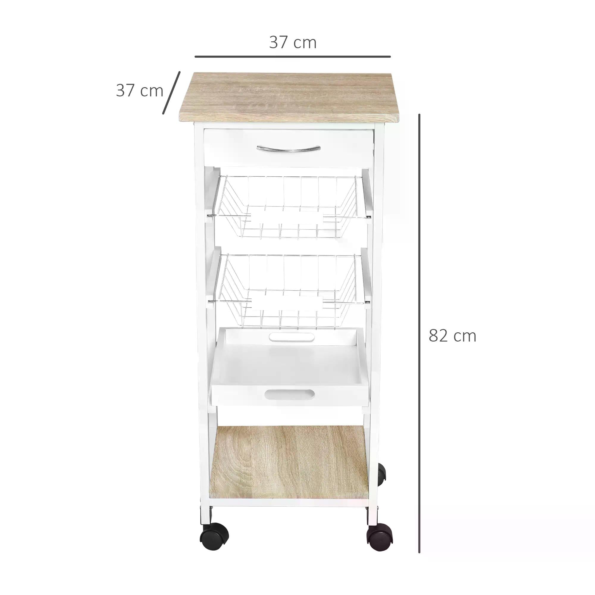 HOMCOM Mobile Rolling Kitchen Island Trolley for Home w/ Metal Baskets Trays Shelves Wheels Compact Stylish Storage White