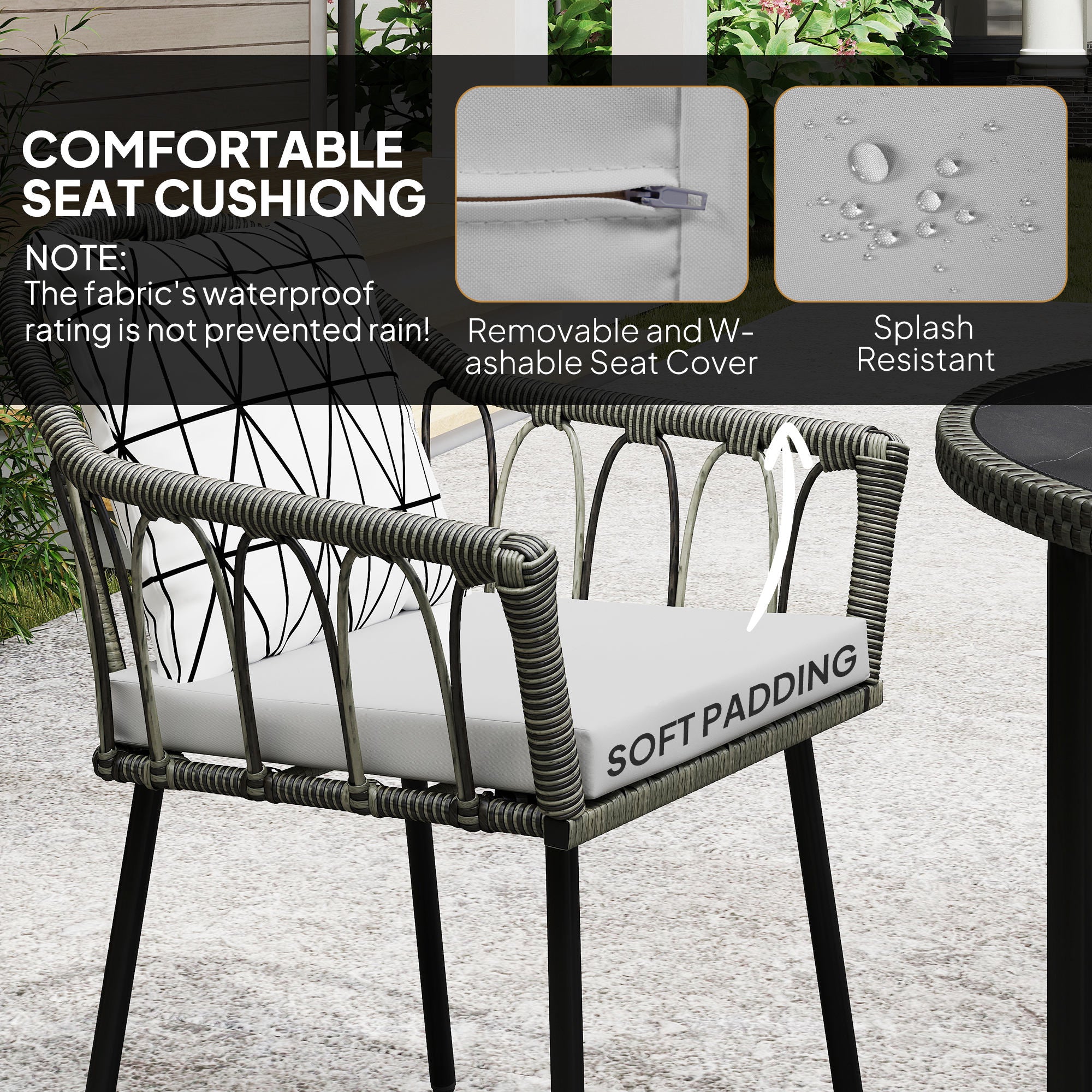 Outsunny 5 Piece Patio Rattan Dining Set, Wicker Garden Table and Chairs w/ Removable Seat & Back Cushions, Round Tempered Glass Tabletop, Parasol Hole, Outdoor Furniture Conservatory Set, Grey - North Peak Garden Furniture