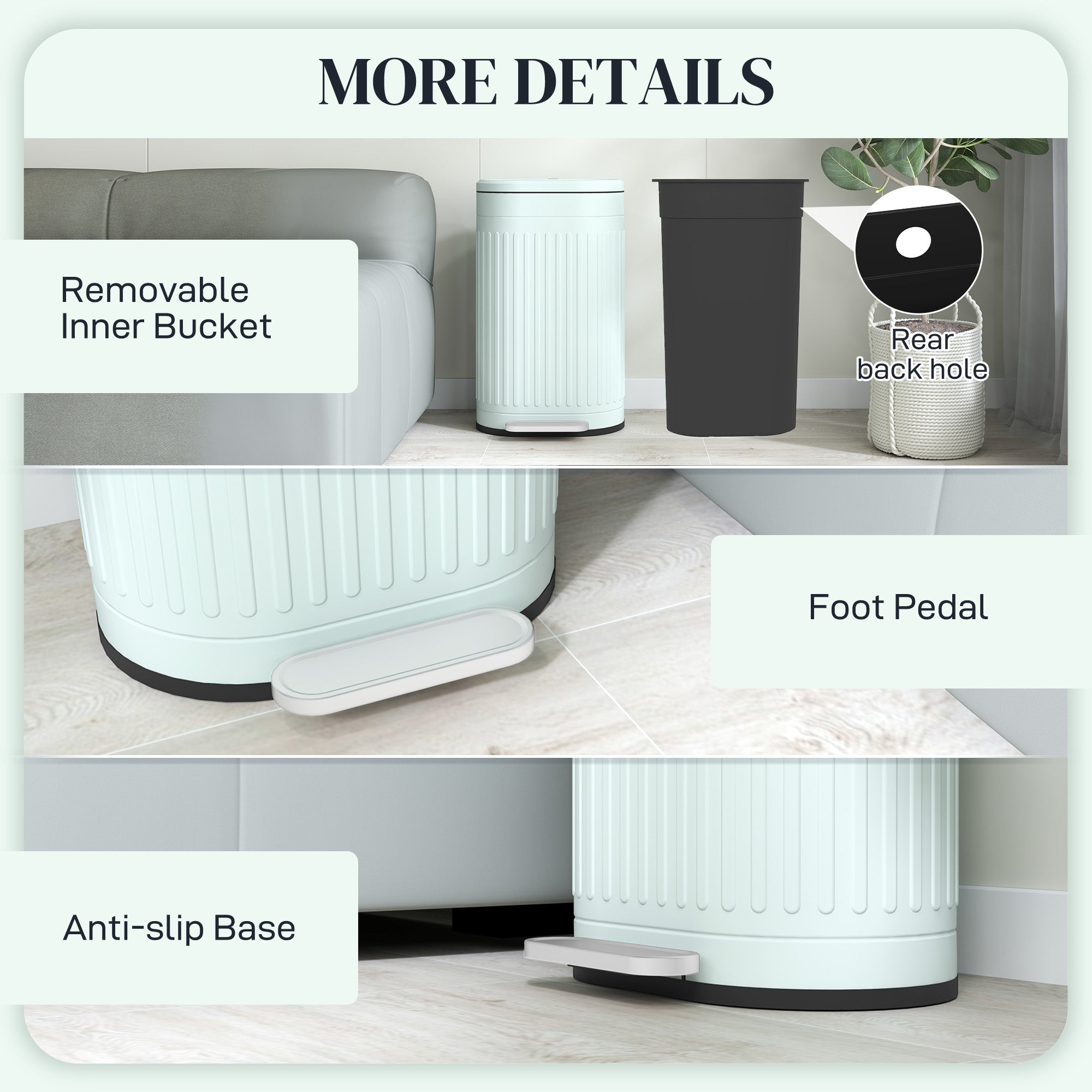 HOMCOM 30 Litre Pedal Bin, Fingerprint Proof Kitchen Bin with Soft-close Lid, Metal Rubbish Bin with Foot Pedal and Removable Inner Bucket, Light Green - North Peak Garden Furniture