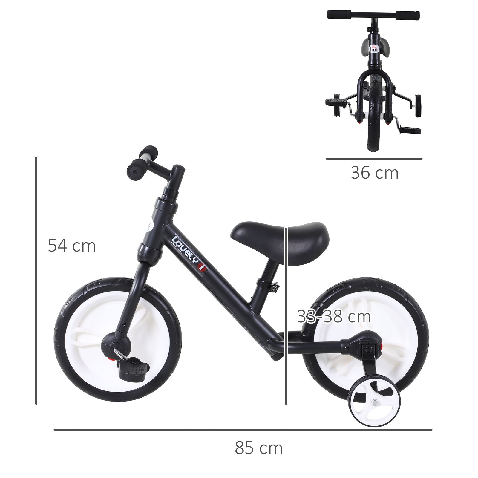 HOMCOM 11 Inch Kids Balance Bike Training Pedal Bicycle W/ Removable Stabilizers EVA Tyres Adjustable Seat Height 2 to 5 Years Gift for Boys Girls Black - North Peak Garden Furniture