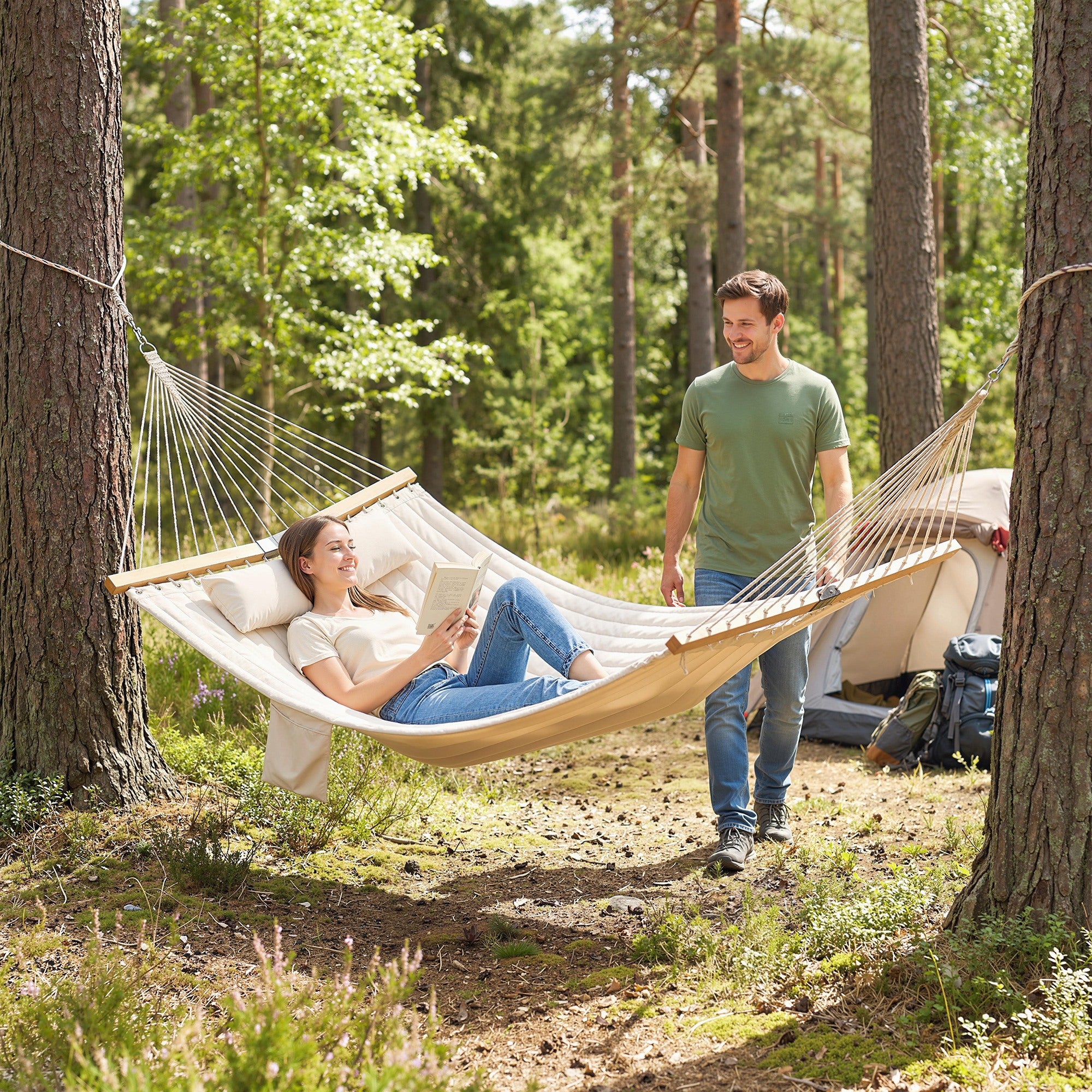 Outsunny Double Hammock 2 Person Swing Bed with Spreader Bars, Pillows, Pad, 200 x 140cm, Cream White