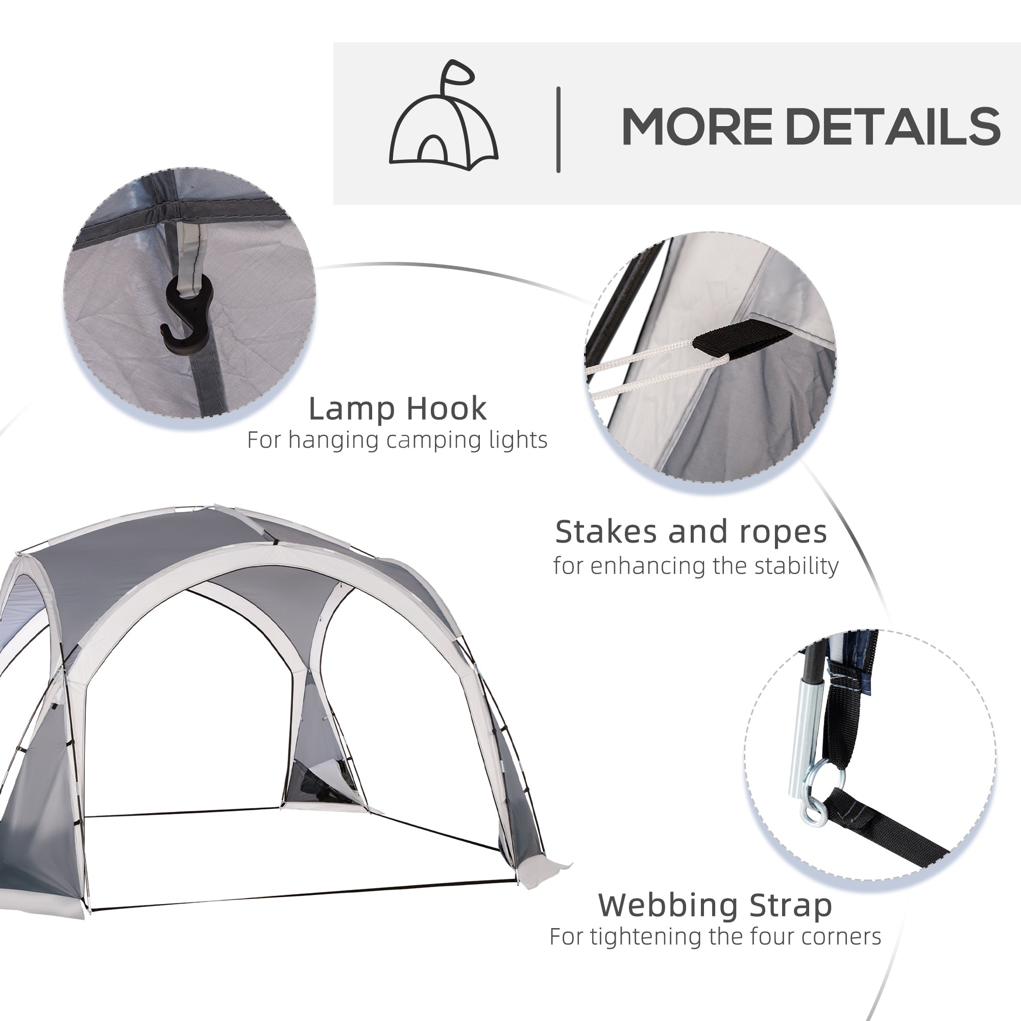 Outsunny Dome Tent for 6-8 Person, Camping Tent with 4 Zipped Mesh Doors, Removable Oxford Cloth, Lamp Hook, Portable Carry Bag, White and Grey