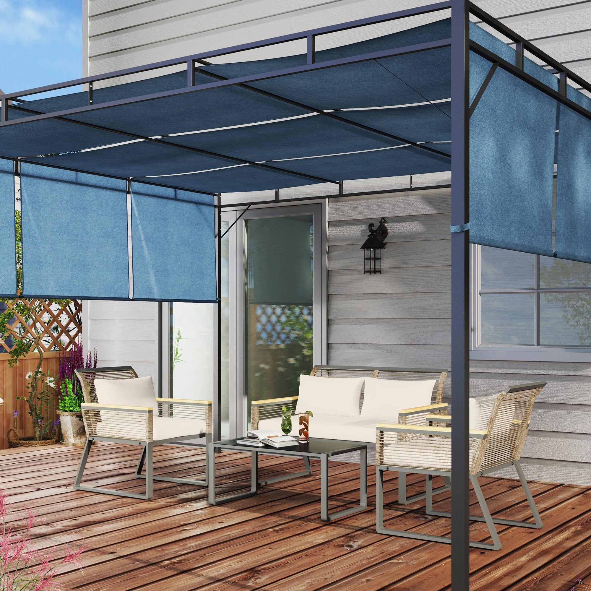 Outsunny Four Piece Wicker Rope Garden Furniture Set with Glass Top Coffee Table - Grey - North Peak Garden Furniture