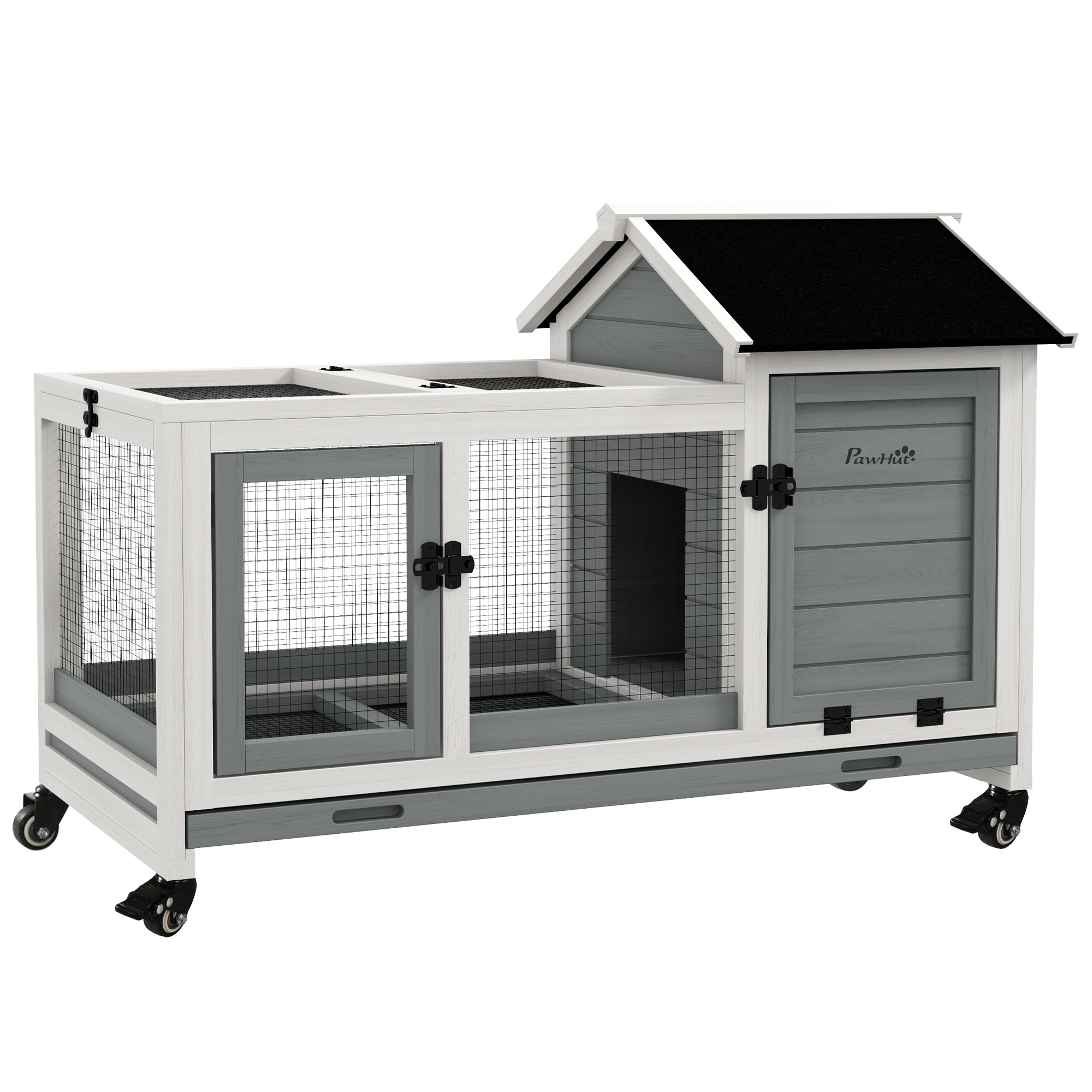 PawHut Wooden Rabbit Hutch, Guinea Pig Cage, with Removable Tray, Wheels - Grey - North Peak Garden Furniture