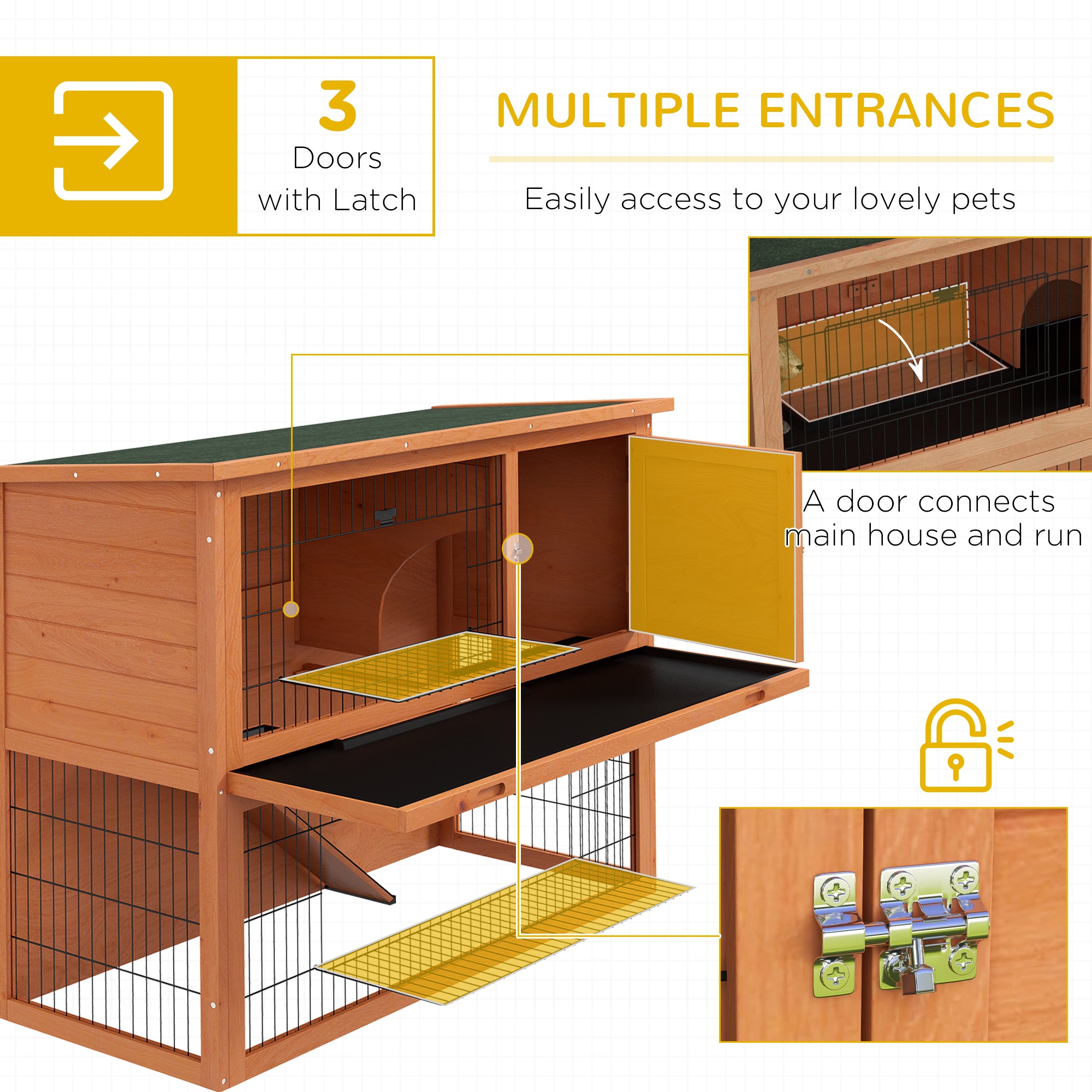 PawHut Two-Tier Antiseptic Wood Rabbit Hutch, 92cm Guinea Pig Hutch with Run - Orange - North Peak Garden Furniture