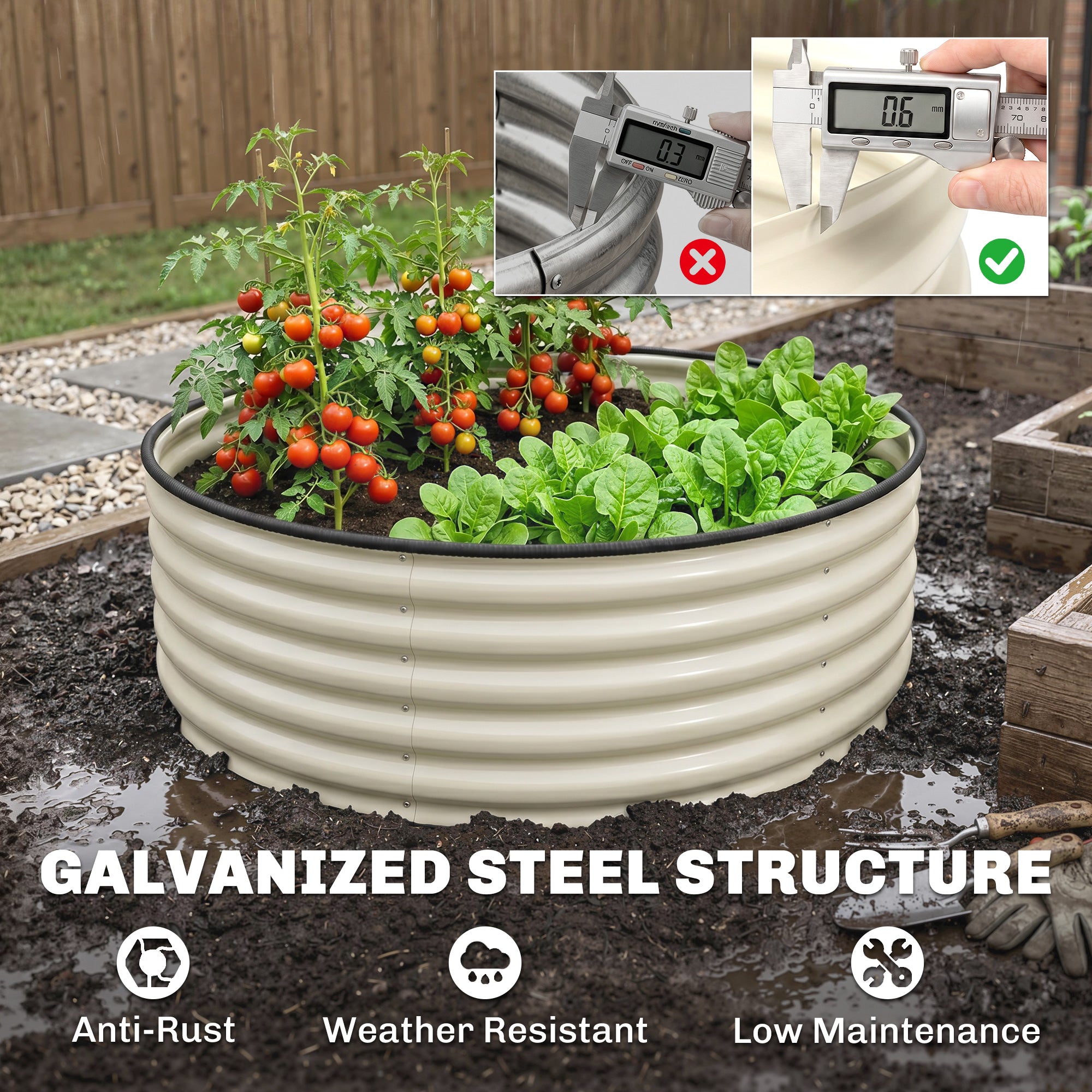 Outsunny Galvanised Raised Garden Bed with Safety Edging, Outdoor Raised Planter Box with Gloves, 120 x 120 x 43cm, Cream White
