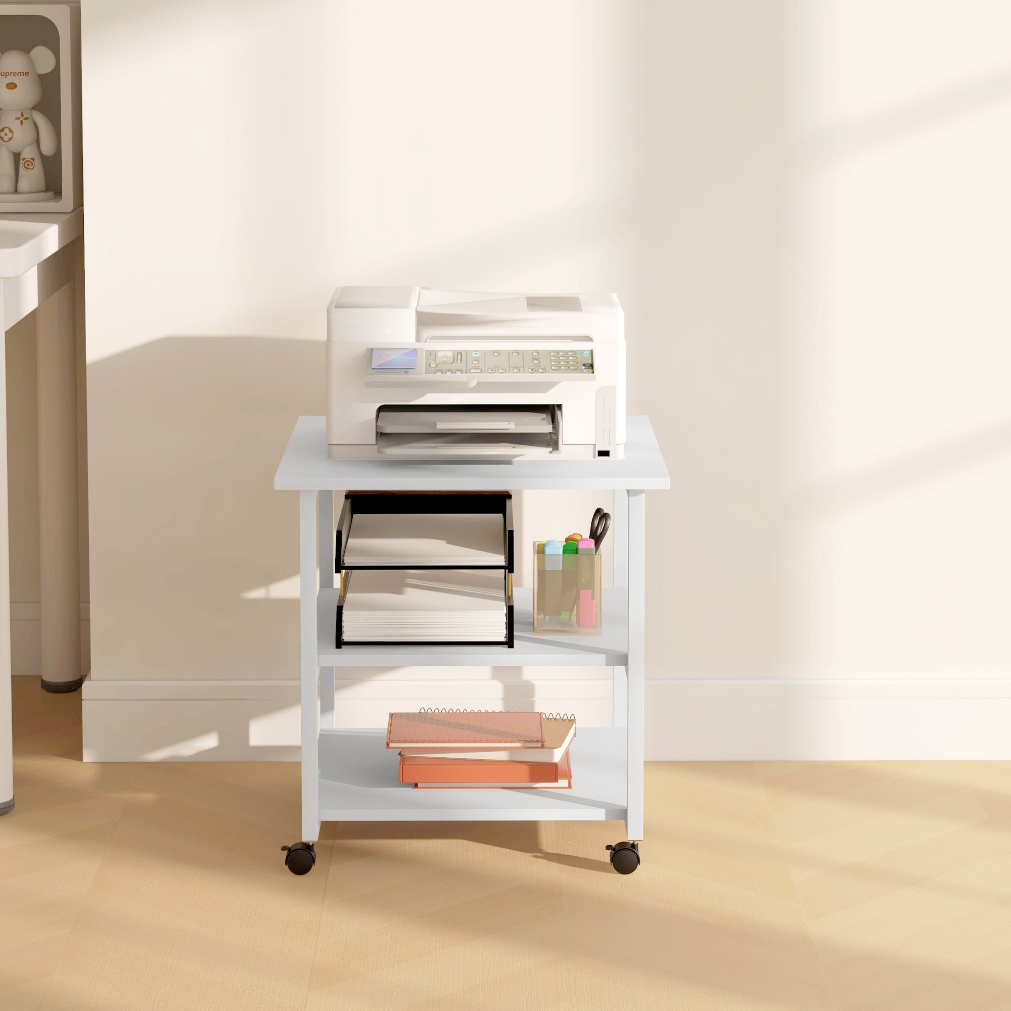 HOMCOM Three-Tier Steel Printer Stand, with Wheels - White - North Peak Garden Furniture