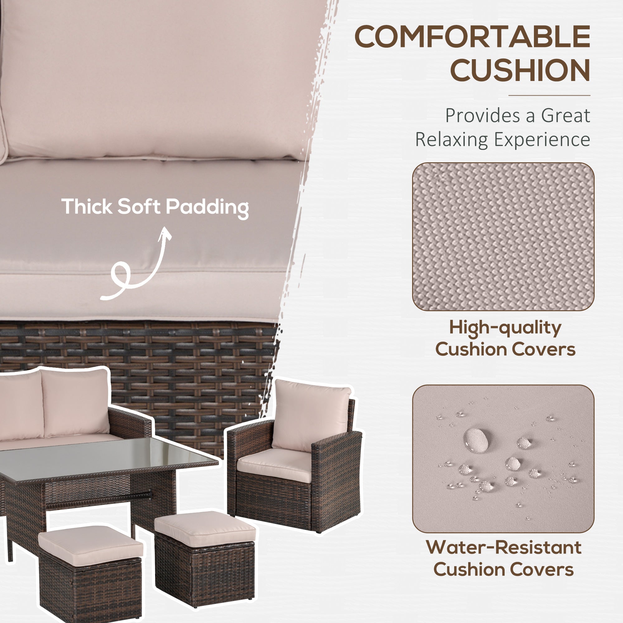 Outsunny Six-Piece Rattan Sofa Set, with Glass-Top Table - Mixed Brown - North Peak Garden Furniture