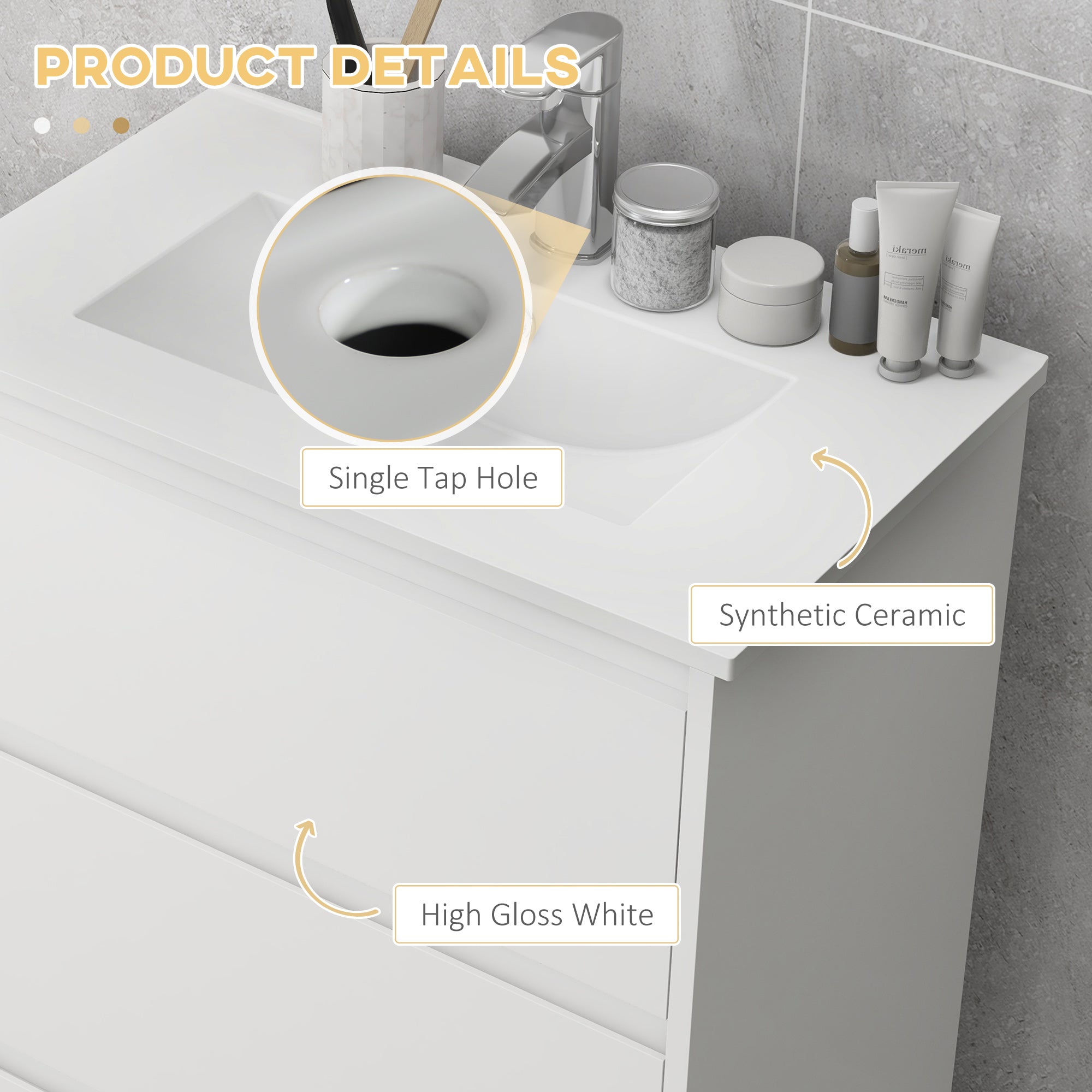 kleankin 600mm Bathroom Vanity Unit with Basin and Single Tap Hole, High Gloss White Floor Standing Bathroom Sink Unit with 2 Drawers - North Peak Garden Furniture