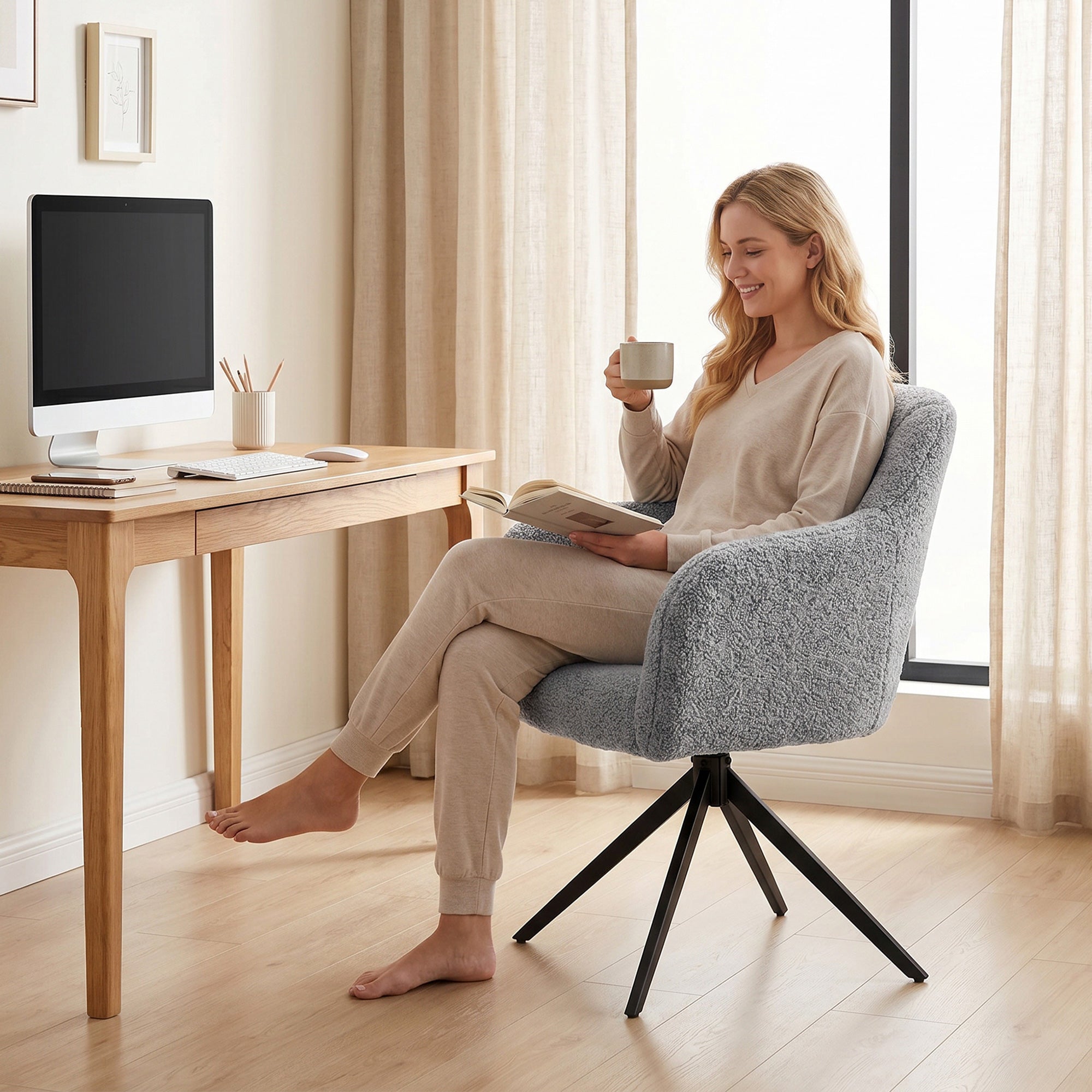 HOMCOM 360 Degree Swivel Accent Chair, Teddy Fleece Armchair, Grey