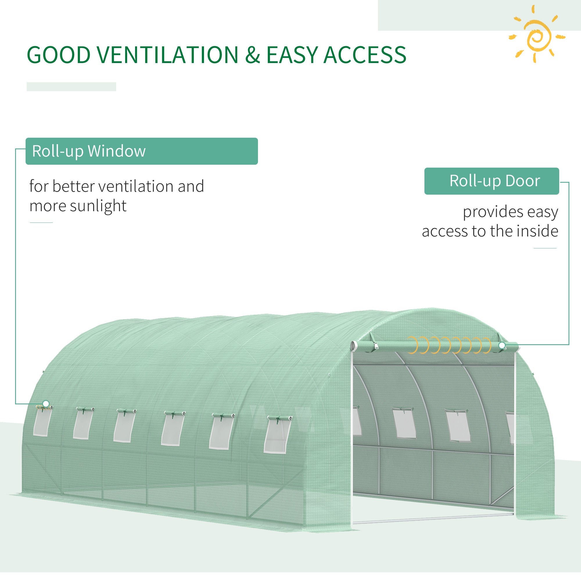 Outsunny 6 x 3 x 2 m Large Walk-In Greenhouse Garden Polytunnel Greenhouse with Steel Frame, Zippered Door and Roll Up Windows, Green