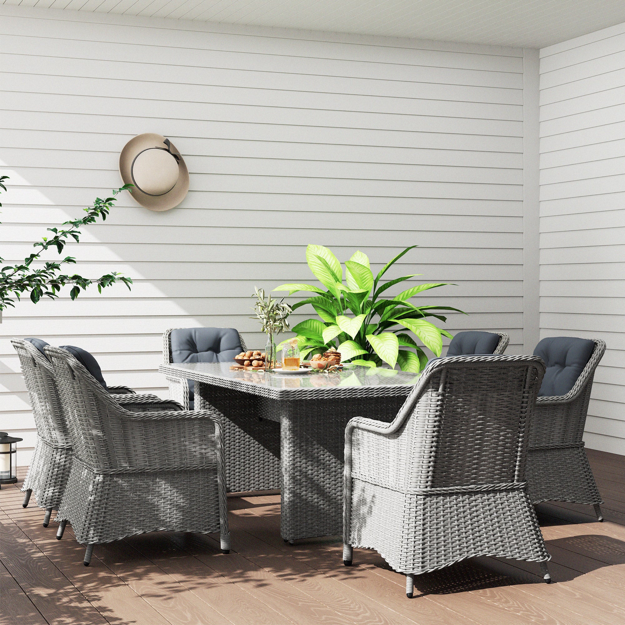 Outsunny 6 Seater Rattan Dining Set, Round PE Rattan Garden Furniture Set with Seat and Back Cushions, Aluminium Outdoor Dining Table and Chairs with 6 Armchairs, Rectangular Glass Top Table, Grey - North Peak Garden Furniture