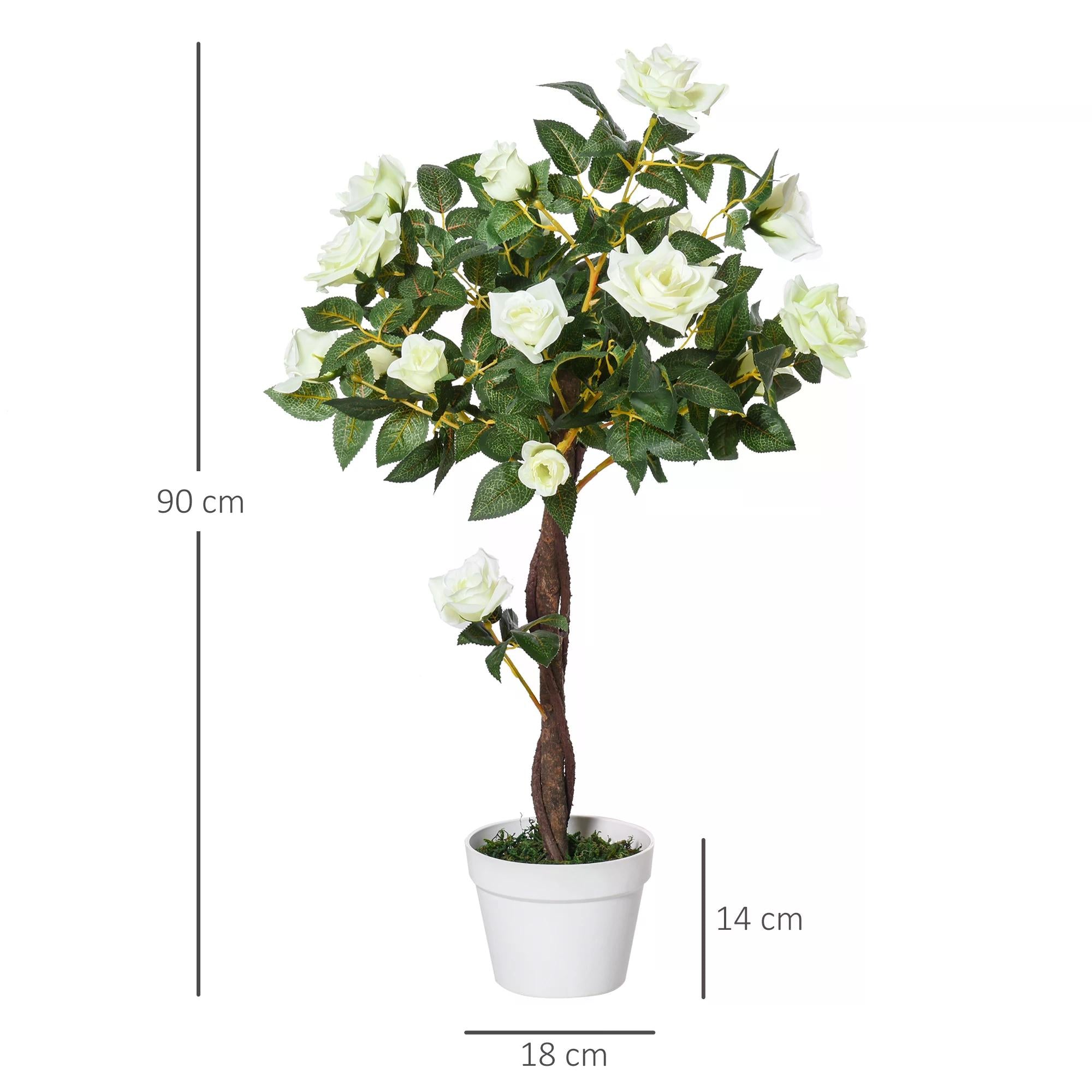 Outsunny 90cm/3FT Artificial Rose Tree Fake Decorative Plant w/ 21 Flowers Pot Indoor Outdoor Faux Decoration Home Office Décor White & Green