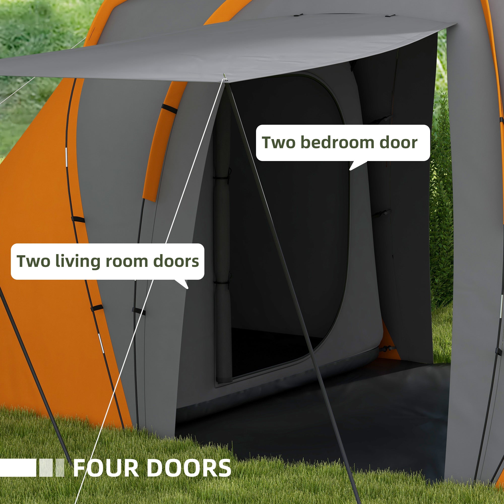 Outsunny Large Camping Tent Tunnel Tent with 2 Bedroom and Living Area, 2000mm Waterproof, Portable with Bag for 4-6 Man, Orange - North Peak Garden Furniture