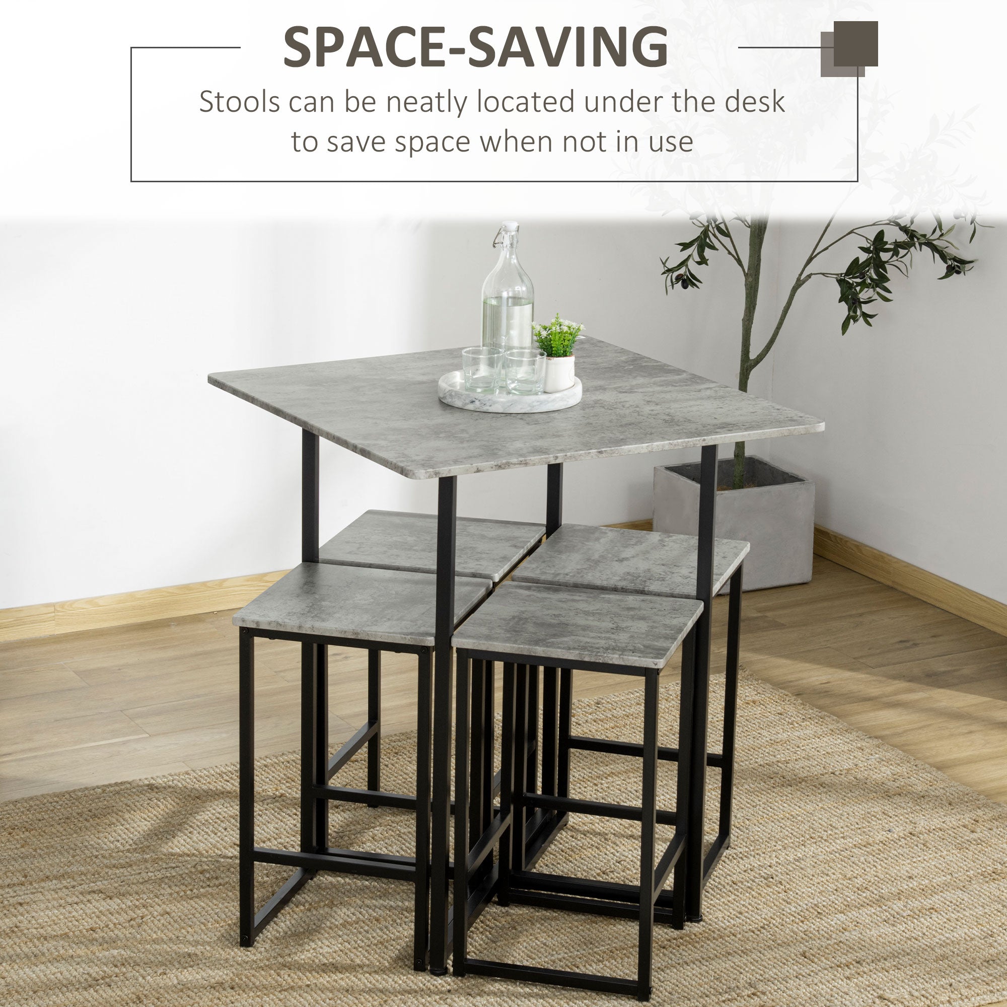 HOMCOM 5pc Bar Table Set, Square Dining Table Set for 4 People, Home Kitchen Breakfast Bar Set with Steel Frame and Footrest, Concrete Grey - North Peak Garden Furniture