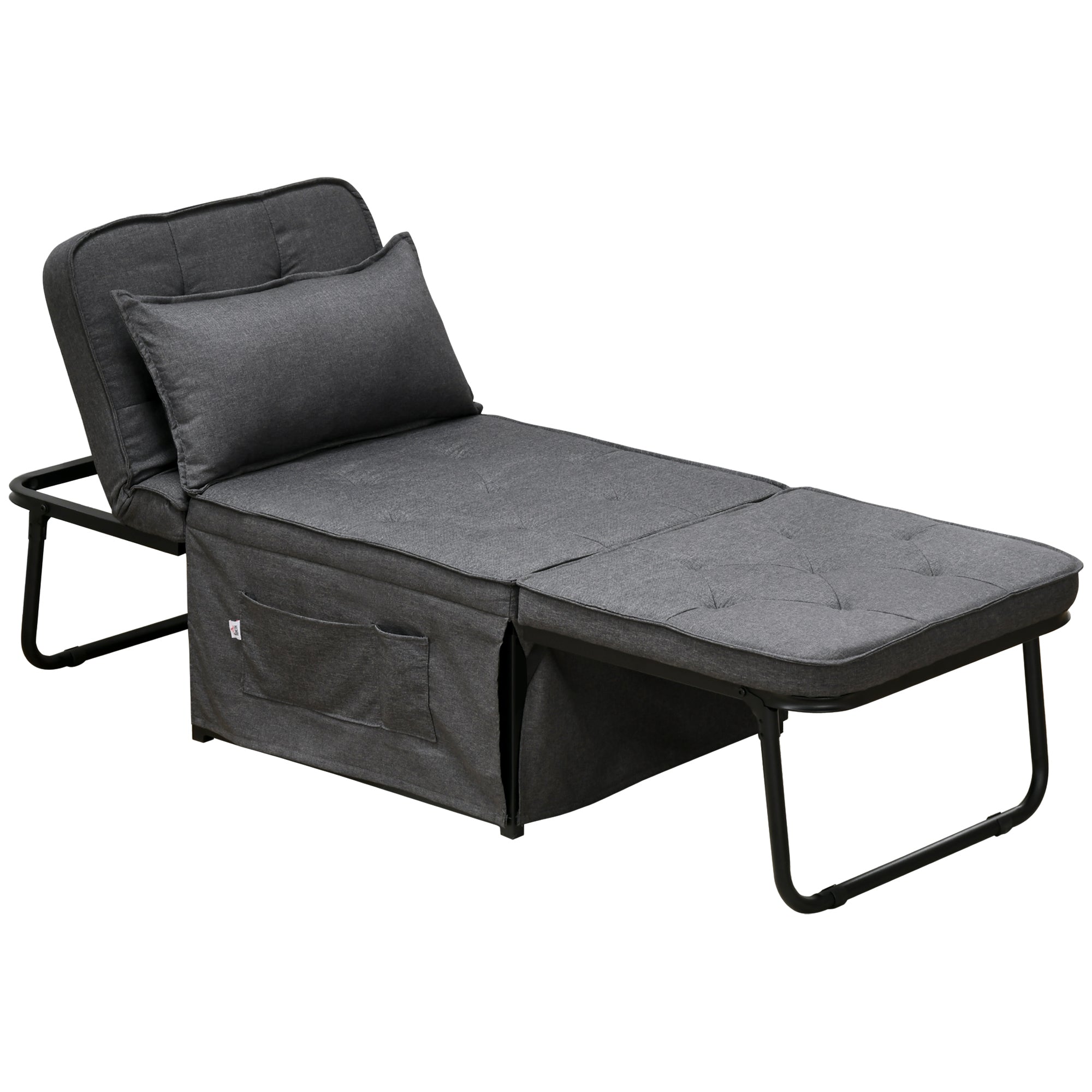 HOMCOM Fabric Sleeper Chair, Folding Chair Bed with Adjustable Backrest, Pillow, Side Pockets for Living Room, Charcoal Grey - North Peak Garden Furniture