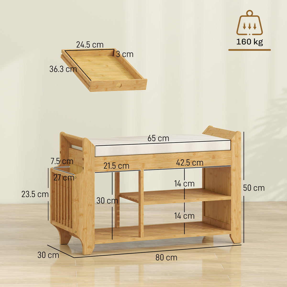 HOMCOM Shoe Bench 2-Tier Boot Section Entryway Storage Bench Cushioned Seat 80 x 30 x 50 cm Natural and Cream