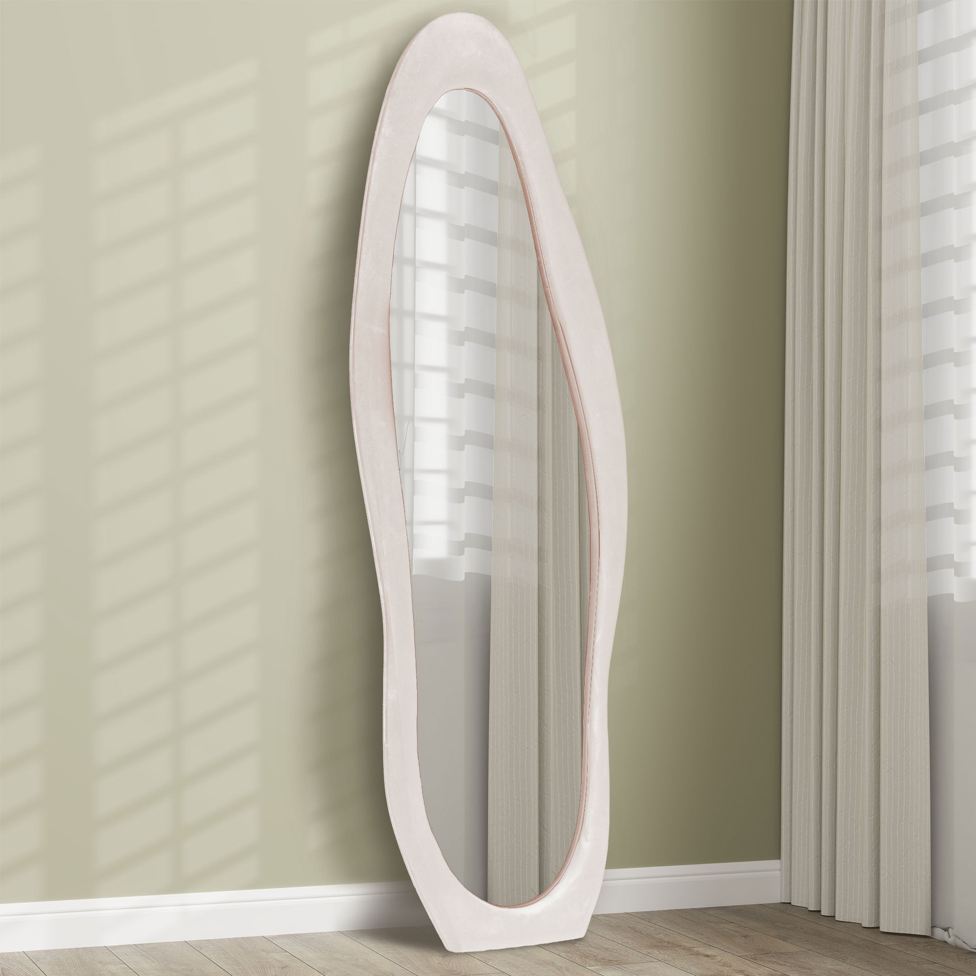 HOMCOM Wavy Velvet-Feel Full Length Mirror - Light Pink - North Peak Garden Furniture