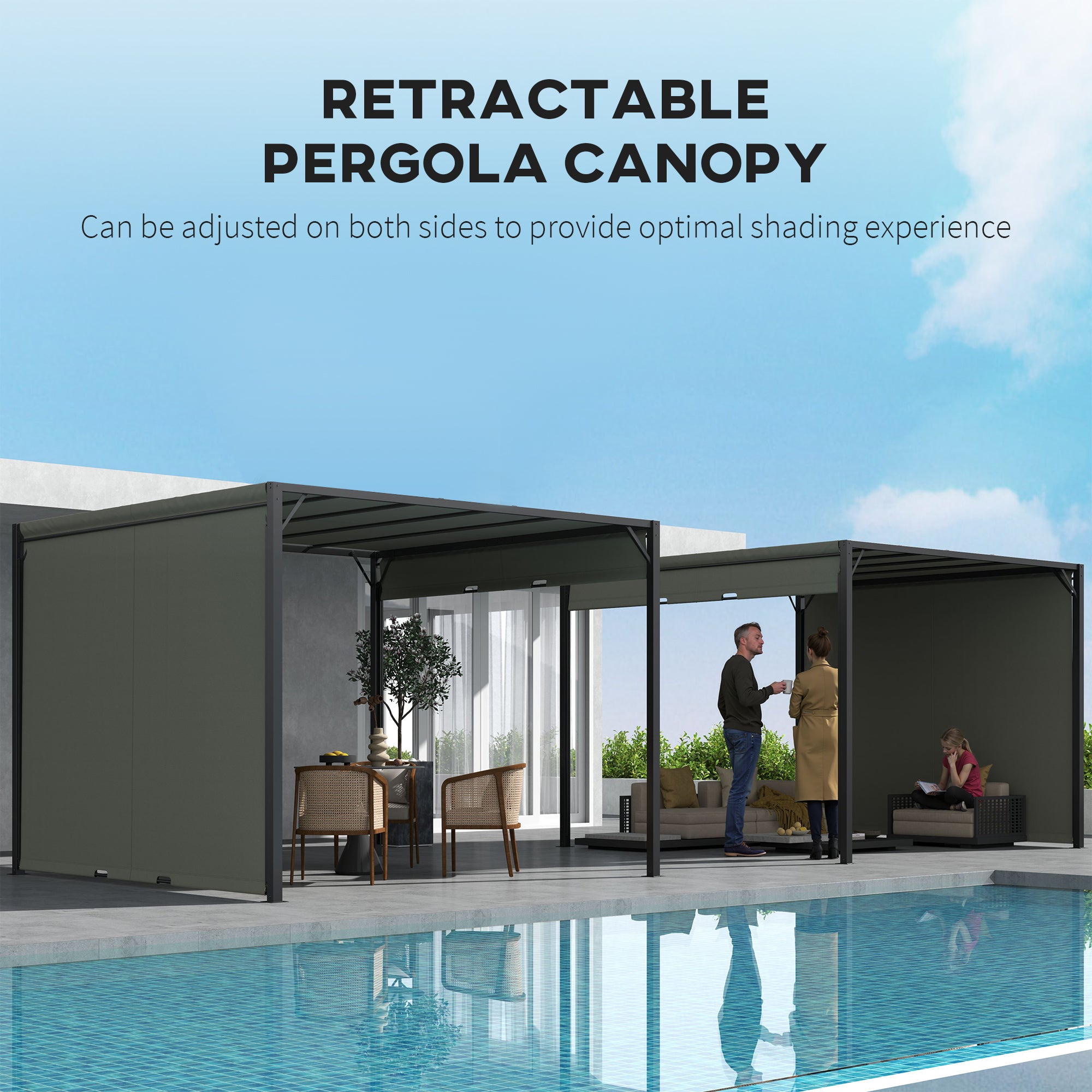 Outsunny 3 X 3 Meters Pergola with Retractable Roof, Garden Gazebo with Adjustable Sun Shade Canopy and Steel Frame, Charcoal Grey - North Peak Garden Furniture
