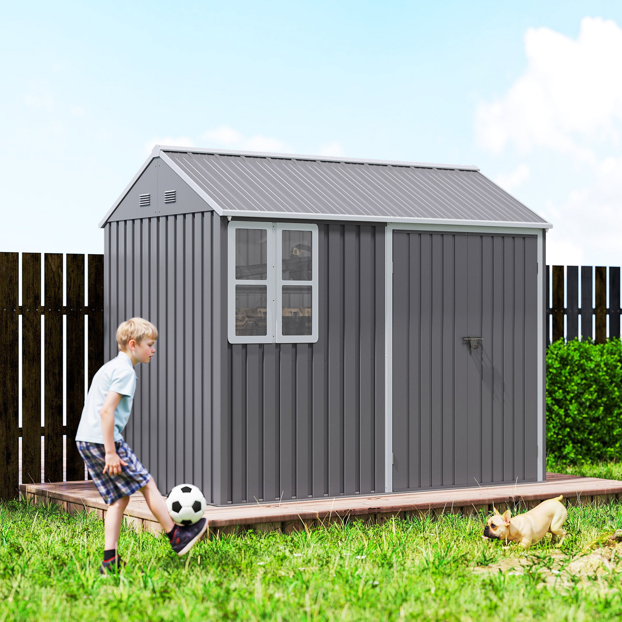 Outsunny 8 x 6 ft Galvanised Garden Shed, Outsoor Metal Storage Shed with Double Doors Window Air Vents for Patio, Lawn, Grey