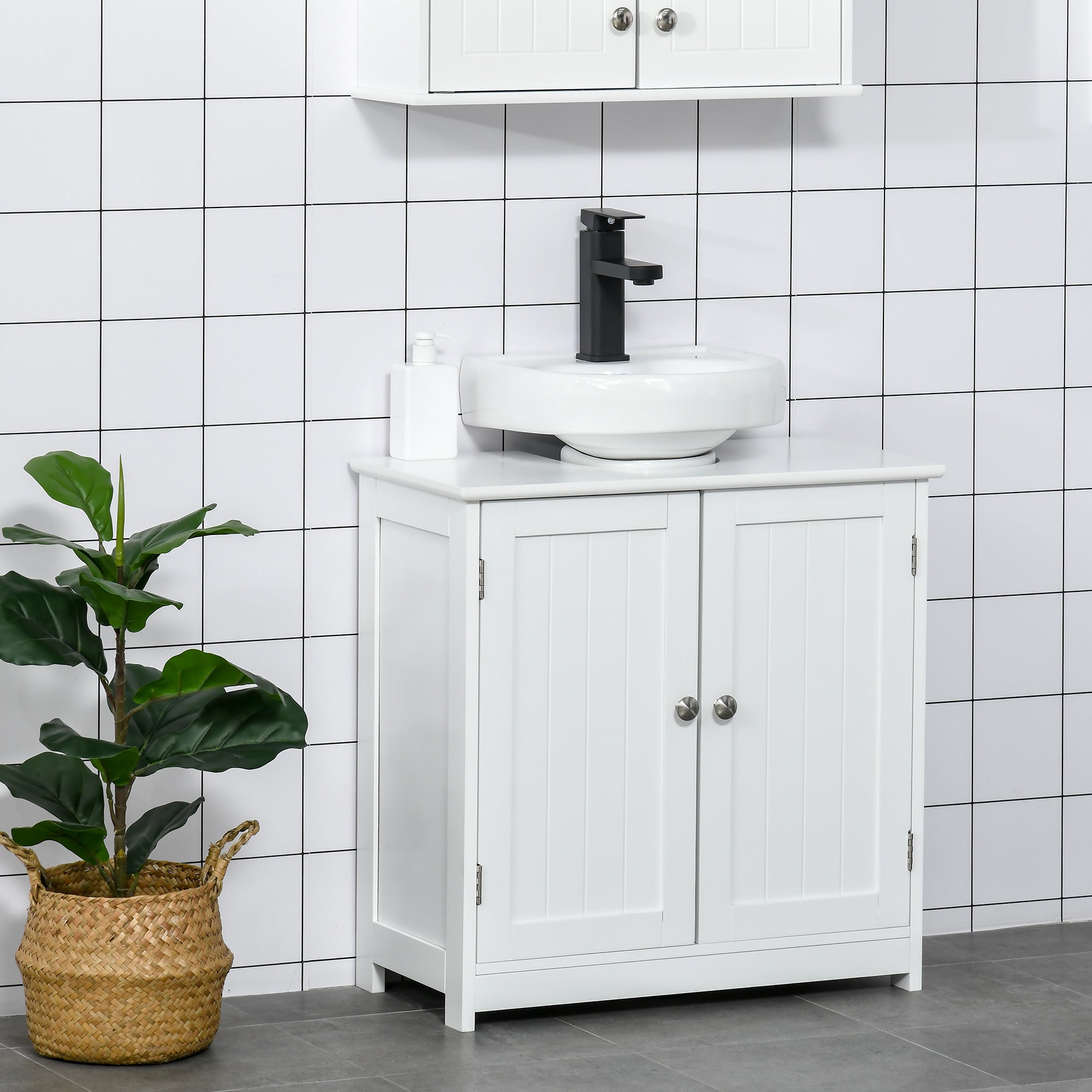kleankin 60x60cm Under-Sink Storage Cabinet w/ Adjustable Shelf Handles Drain Hole Bathroom Cabinet Space Saver Organizer White - North Peak Garden Furniture