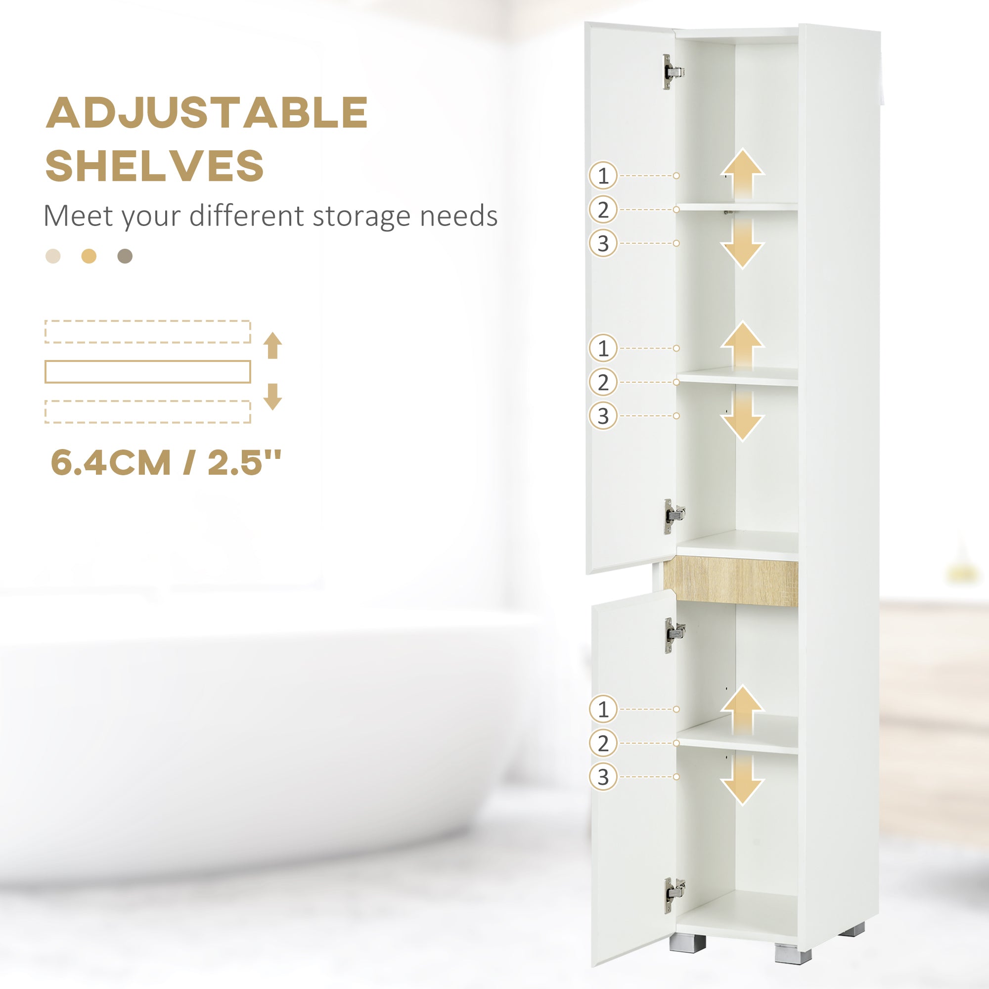 kleankin Tall Bathroom Cabinet with Adjustable Shelves, 5-Tier Modern Freestanding Tallboy with Storage Cabinets, White - North Peak Garden Furniture