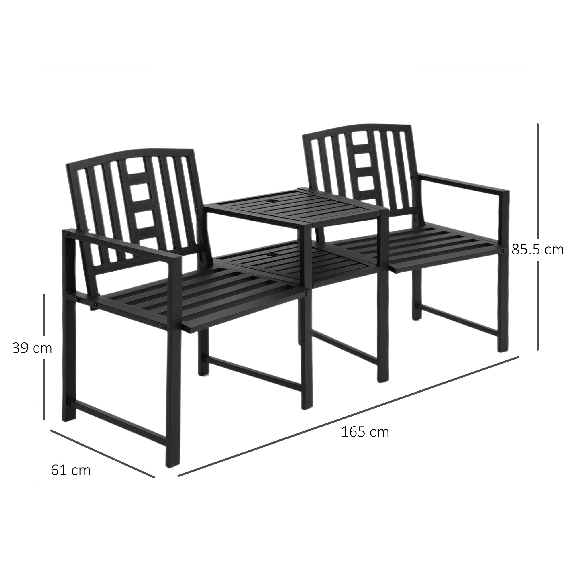 Outsunny 2 Seat Garden Chair Bench Loveseats Jack and Jill Seat w/Coffee Table Slatted Design Patio Yard - North Peak Garden Furniture