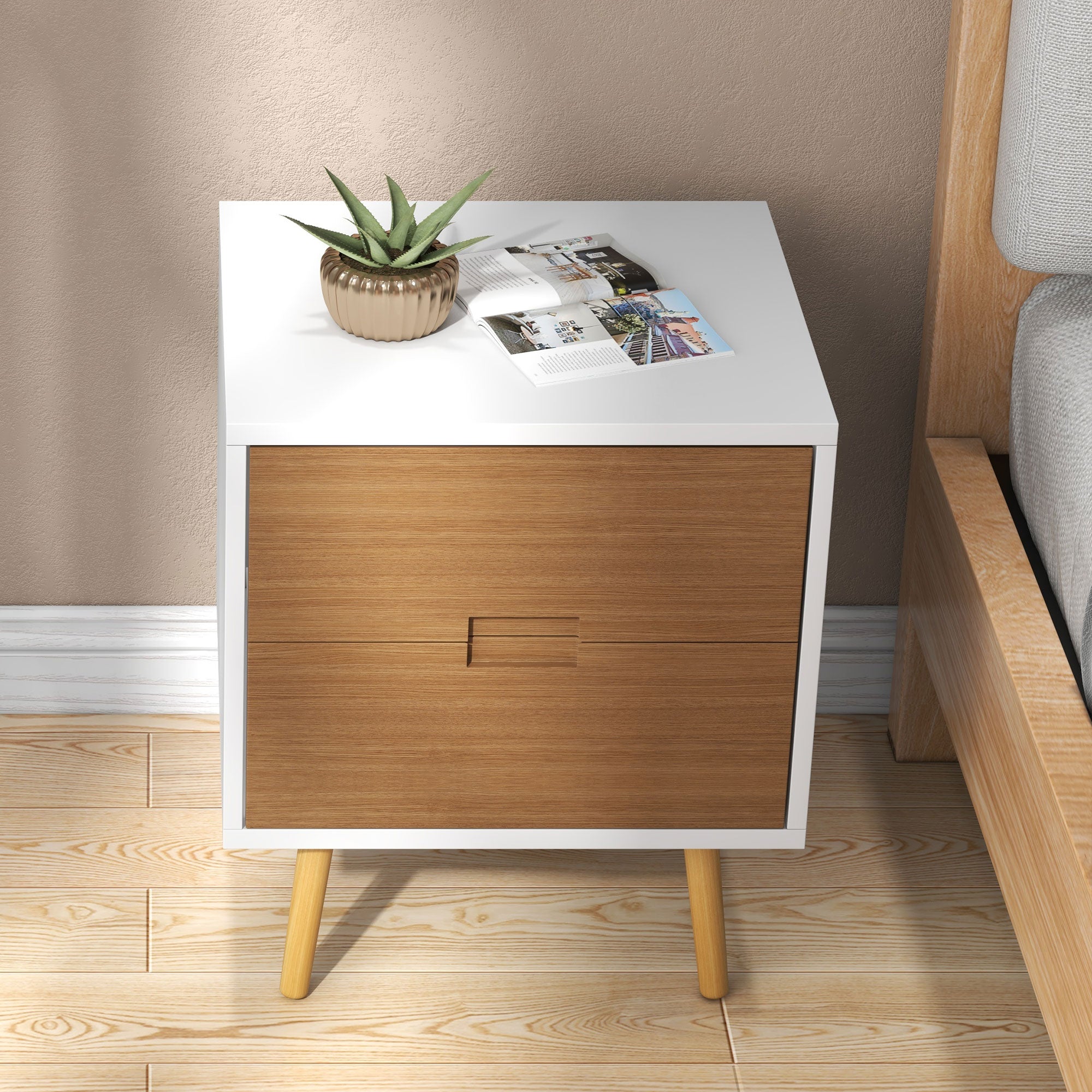 HOMCOM Wood Effect Wto-Drawer Bedside Table - Brown/White - North Peak Garden Furniture