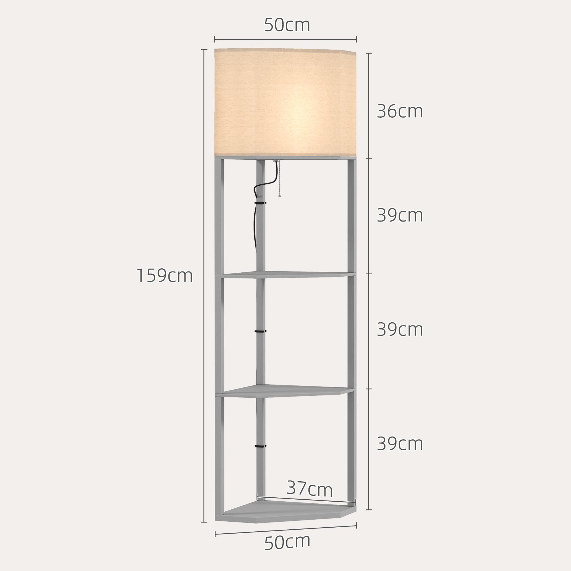 HOMCOM Corner Floor Lamp with Shelves, Tall Standing Lamps for Living Room, with Pull Chain Switch Bulb not Included, Grey - North Peak Garden Furniture