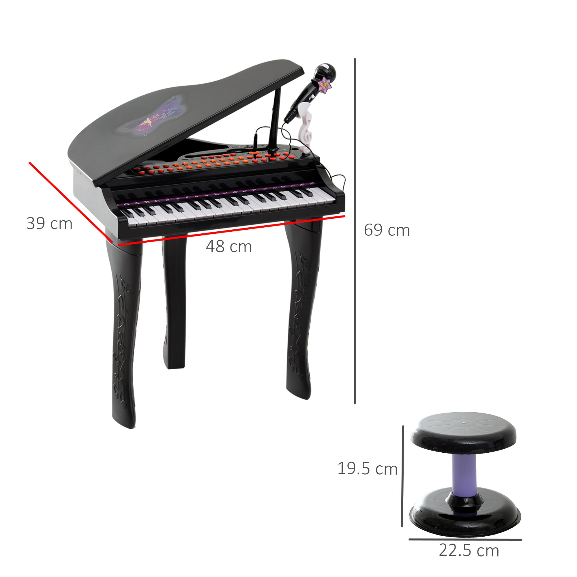 HOMCOM 37 Keys Kids Mini Electronic Keyboard Children Grand Piano with Stool Microphone Light Musical Instrument Educational Game Toy Set (Black) - North Peak Garden Furniture