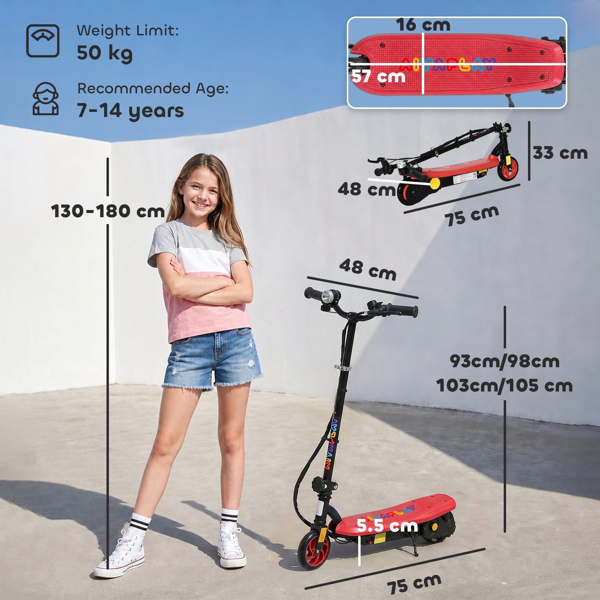 HOMCOM Foldable Electric Scooter, with LED Headlight, for Ages 7-14 Years - Red