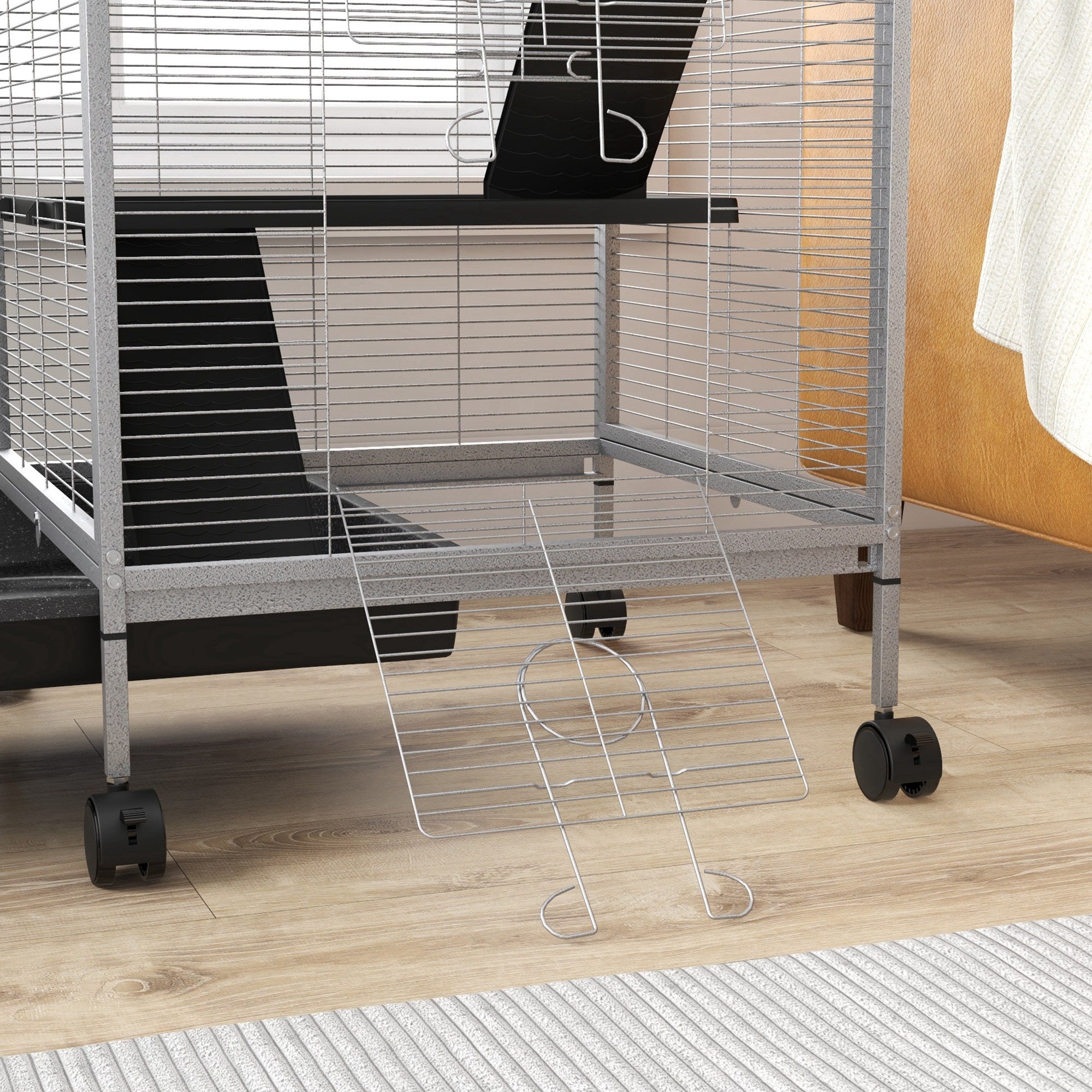 PawHut Small Animal Cage Pet Play House with Wheels Platforms Light Grey - North Peak Garden Furniture