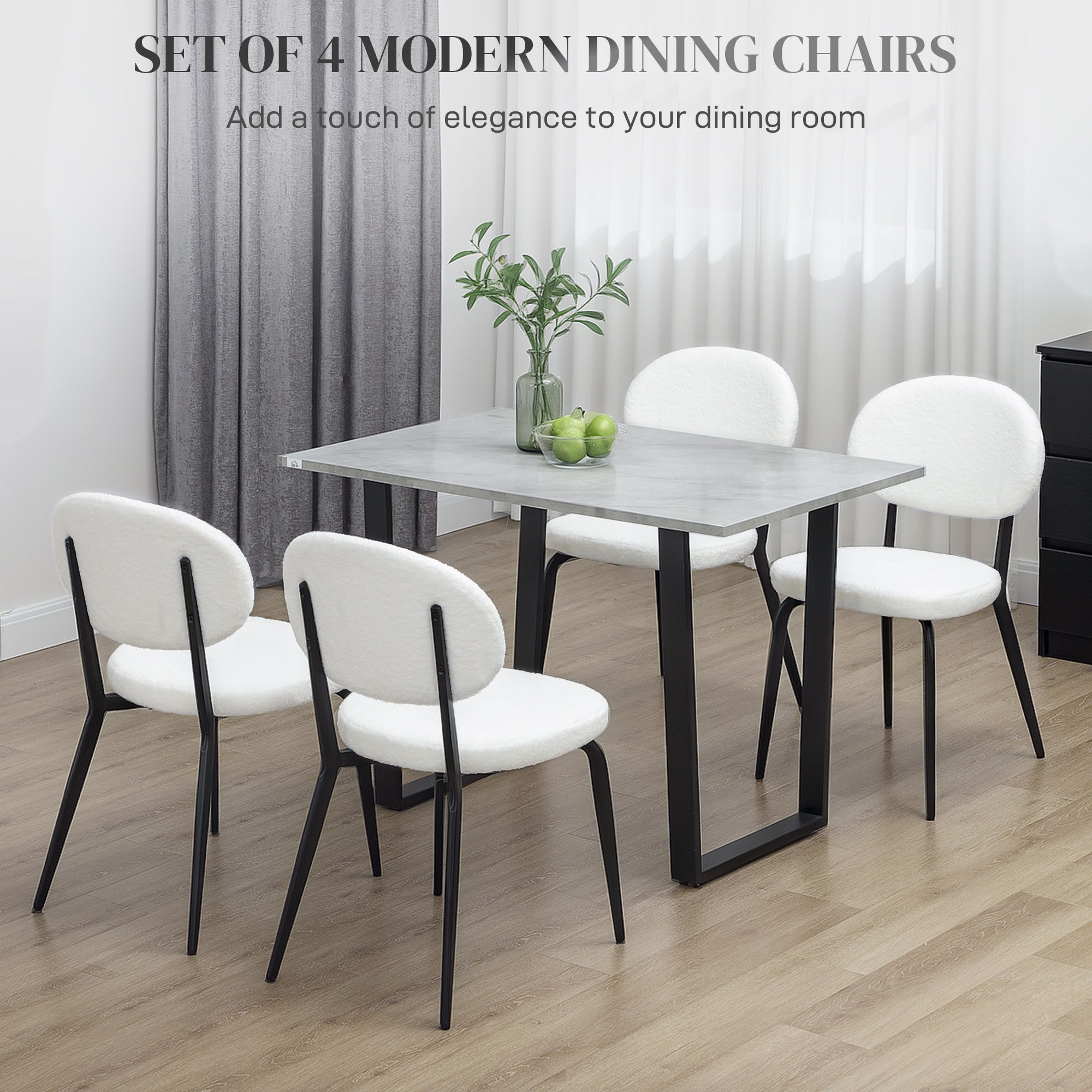 HOMCOM Boucle Dining Chairs Set of 4, Modern Upholstered Sherpa Kitchen Chairs with Backrest, Metal Legs and Padded Seat for Dining Room, Bedroom, Living Room, White - North Peak Garden Furniture