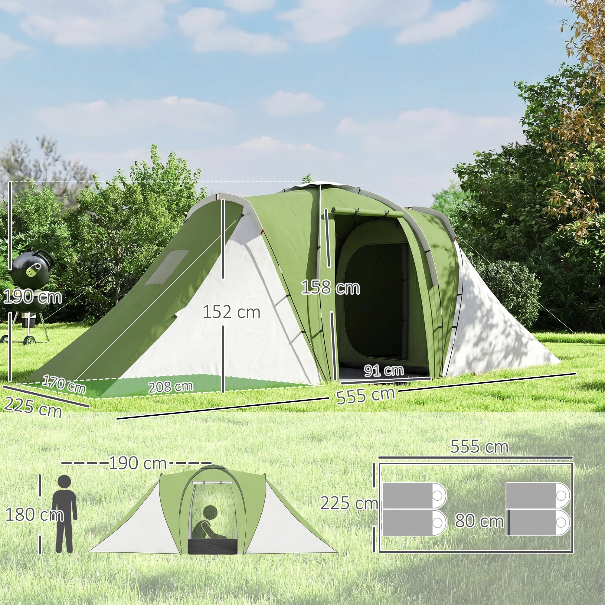 Outsunny Large Camping Tent Tunnel Tent with 2 Bedroom and Living Area, 2000mm Waterproof, Portable with Bag for 4-6 Man, Green
