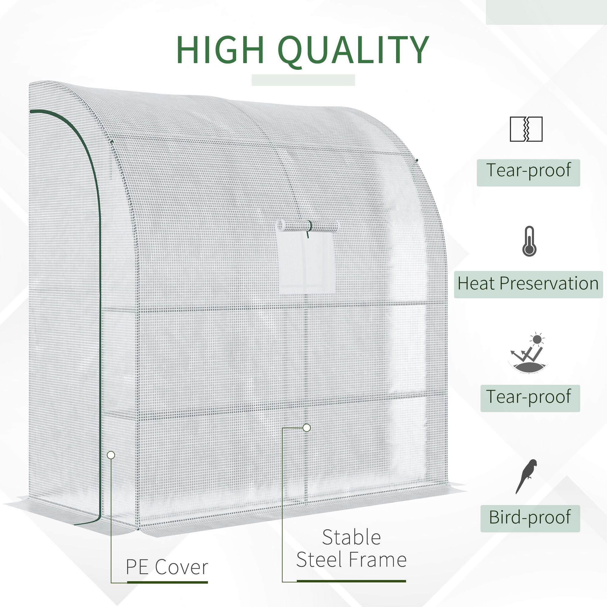 Outsunny Walk-In Lean to Wall Greenhouse with Windows and Doors 2 Tiers 4 Wired Shelves 200L x 100W x 215Hcm White - North Peak Garden Furniture