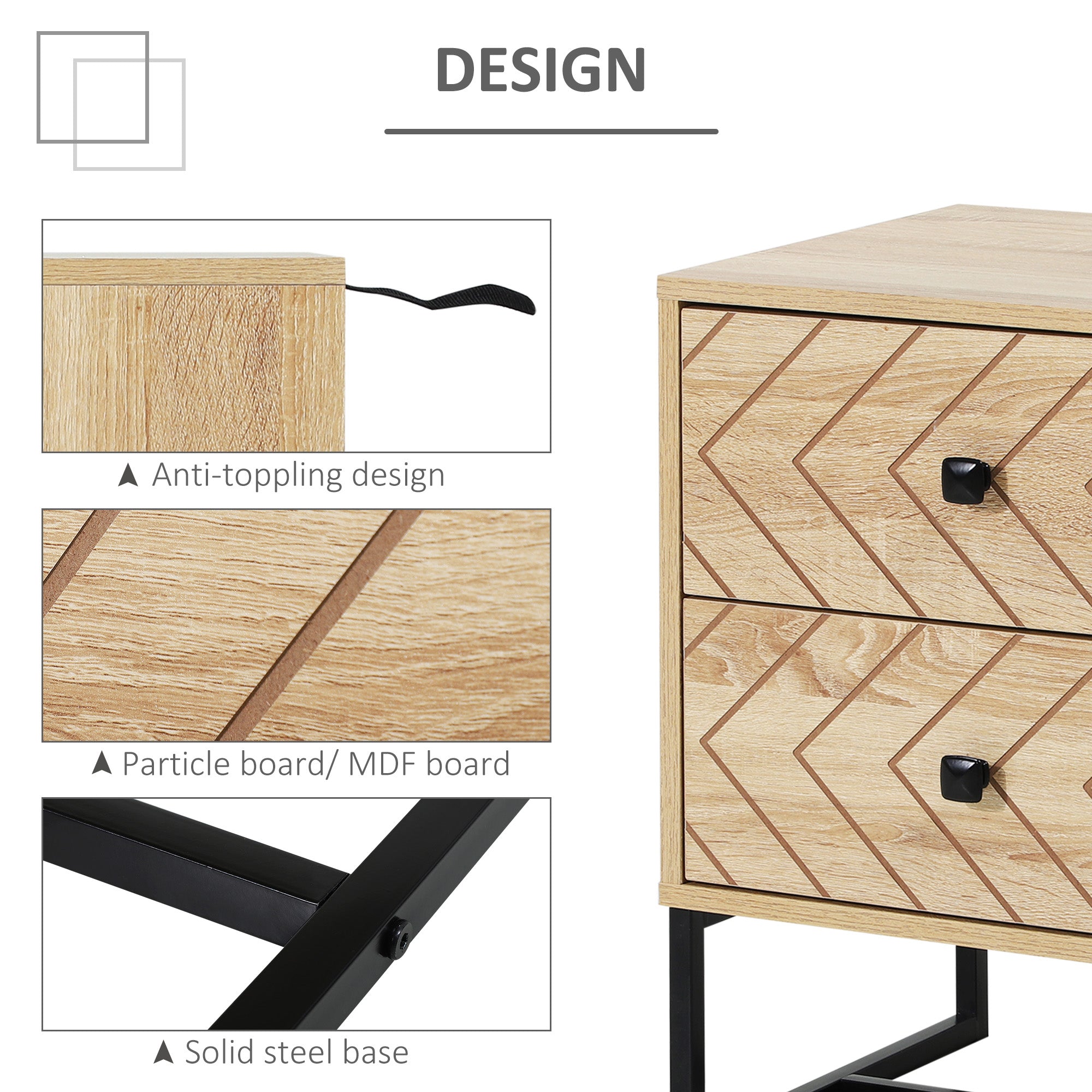 HOMCOM Unique Bedside Cabinet, Two-Drawer Nightstand, Zig Zag Design, Black Metal Handles, Melamine Finish